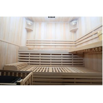 Dewello Sauna SARNIA 180 Finnische Sauna, bis zu 4 Personen, Saunaofen, Harvia 6KW, BxTxH: 180 x 140 x 200 cm, (inkl. 4-teiligem Sauna-Set, schaltbare Beleuchtung, inkl. 6KW HARVIA Ofen (BC60) mit passenden Lavasteinen) Sauna aus Hemlock-Tannenholz, leichter Aufbau dank Stecksystem