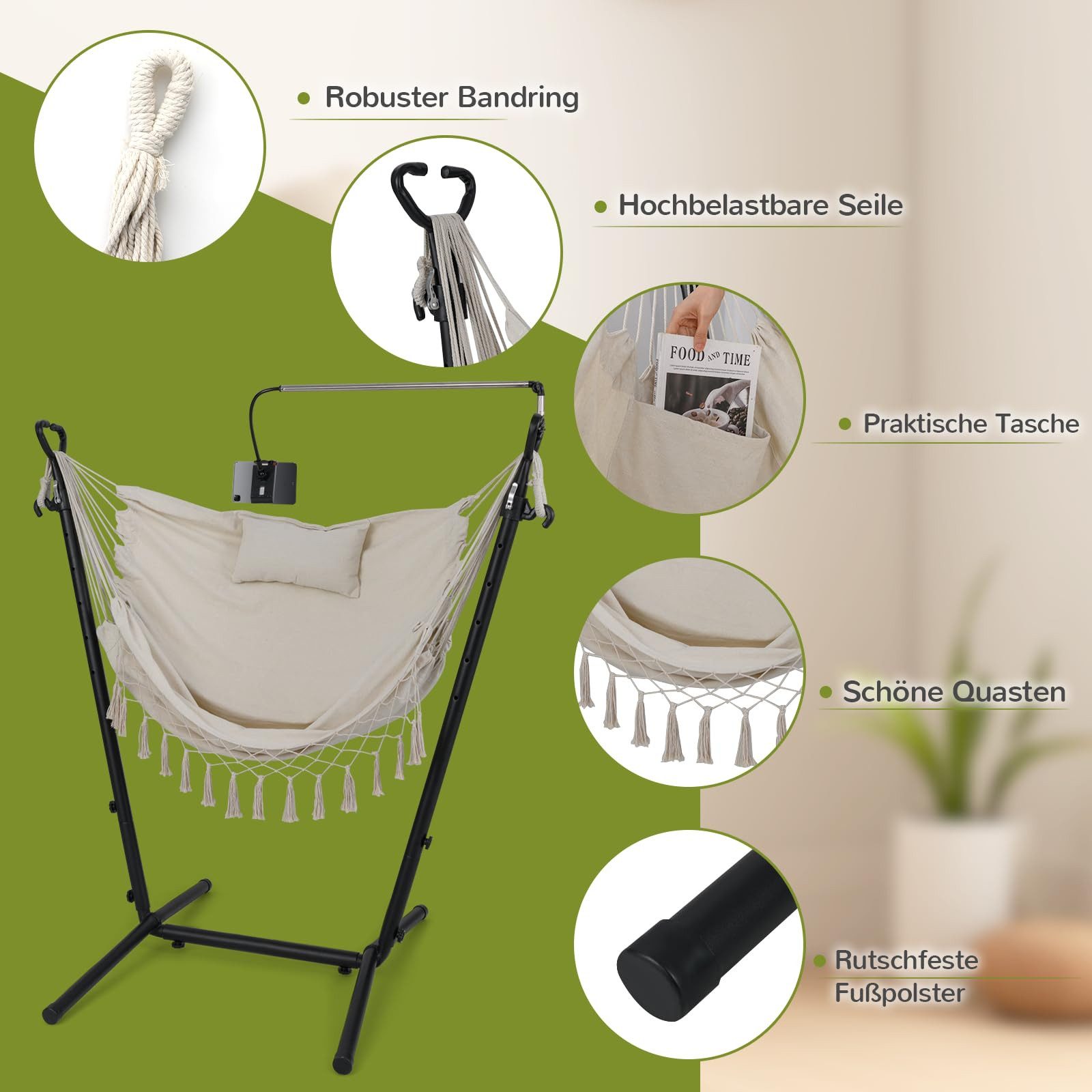 COSTWAY Hängesessel Hängestuhl mit Gestell, 6-stufig verstellbar