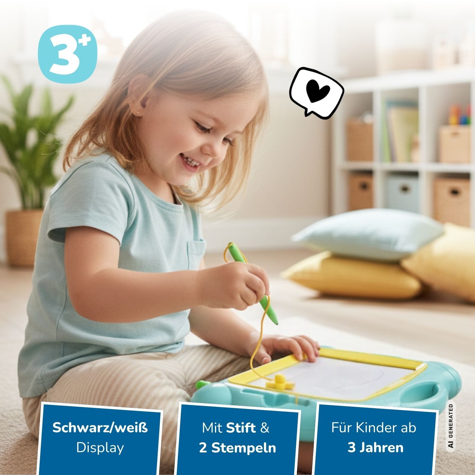 alldoro Zaubertafel magnetisch für Kinder, schwarz-weiß 32 x 25 cm mit Stift & Stempeln, Magnettafel tragbar mit Löschfunktion, Malspaß für zuhause & unterwegs – Bild 2 von 5