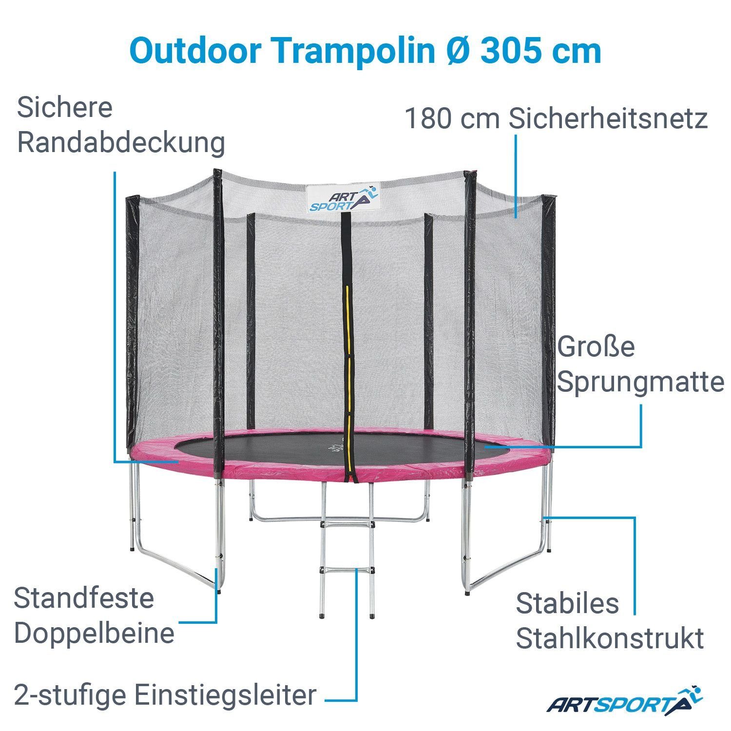 Ø Leiter und Sicherheitsnetz, ArtSport Gartentrampolin m, Jampino, 3,05 Rosa Randabdeckung