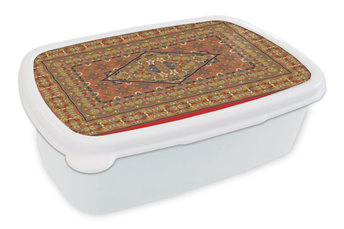 MuchoWow Lunchbox Persischer Teppich - Teppich - Gelb - Rot, Kunststoff, (2-tlg), Brotbox für Kinder und Erwachsene, Brotdose, für Jungs und Mädchen weiß
