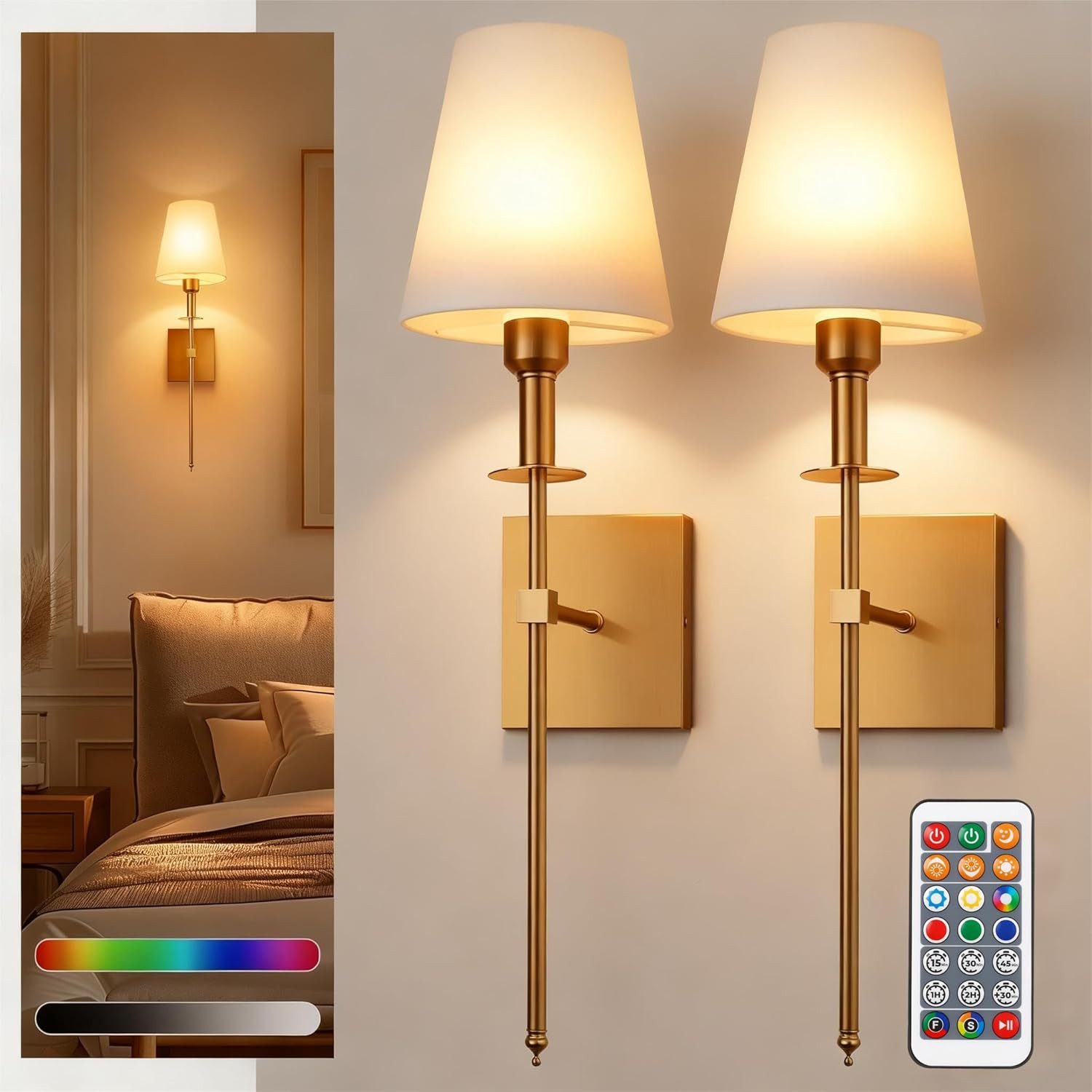 LOHAS-LED Wandleuchte Stoff Stimmungslicht „Aura“ – Kabellose Akku-Wandleuchte, LED wechselbar, RGBCW, 9 Farbtemperatur-Modi, 7 bunte RGB-Farben, dimmbar mit Fernbedienung, 2er-Set mit Kupfergestell