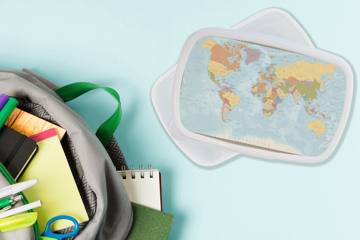 Kunststoff, für Atlas, Brotdose, Lunchbox Farben - für Kinder und Jungs (2-tlg), Erwachsene, Weltkarte Mädchen Brotbox und MuchoWow - weiß