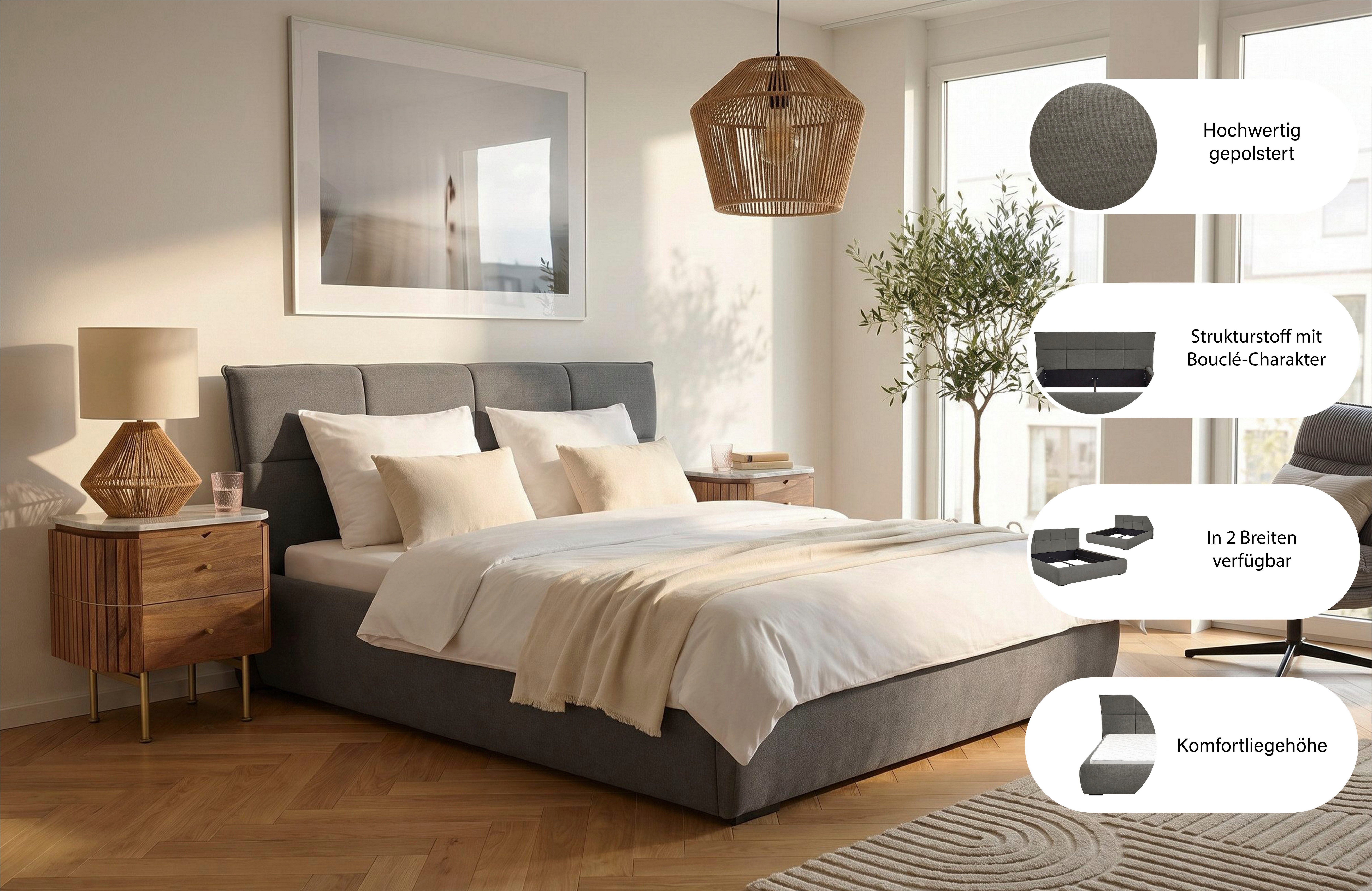 ATLANTIC home collection Polsterbett Narin in verschiedenen Größen, modernes gepolstertes Kopfteil mit stillvollen Akzenten – Bild 3 von 5