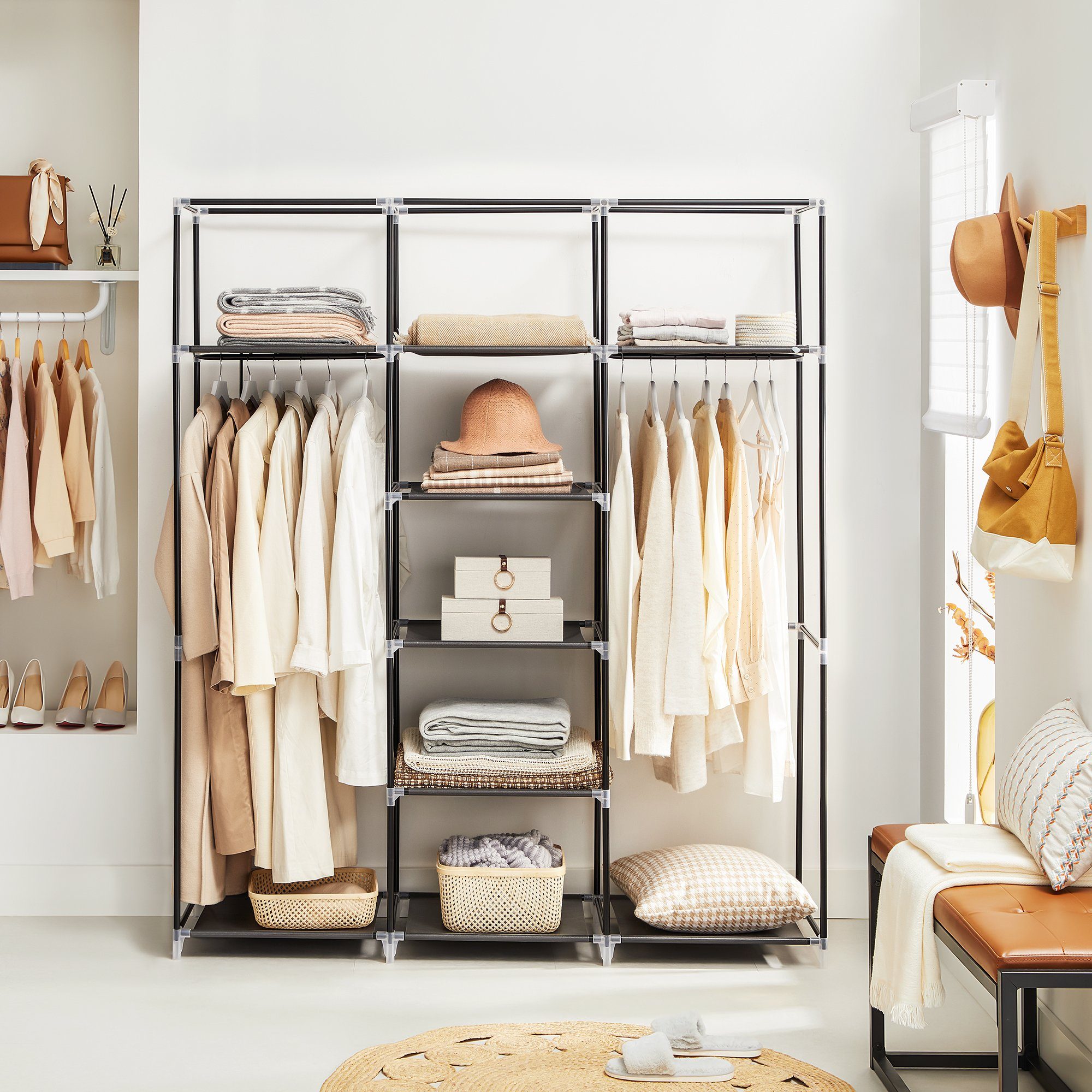 SONGMICS Kleiderschrank Stoffschrank mit Kleiderstange faltbare Garderobe für Kleidung, Taschen und Schuhe