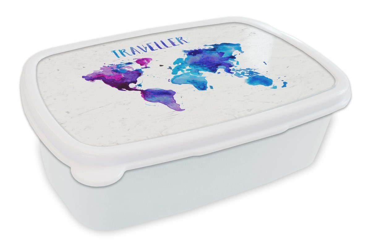 MuchoWow Lunchbox Weltkarte - Sprichwörter - Aquarelle, Kunststoff, (2-tlg), Brotbox für Kinder und Erwachsene, Brotdose, für Jungs und Mädchen weiß