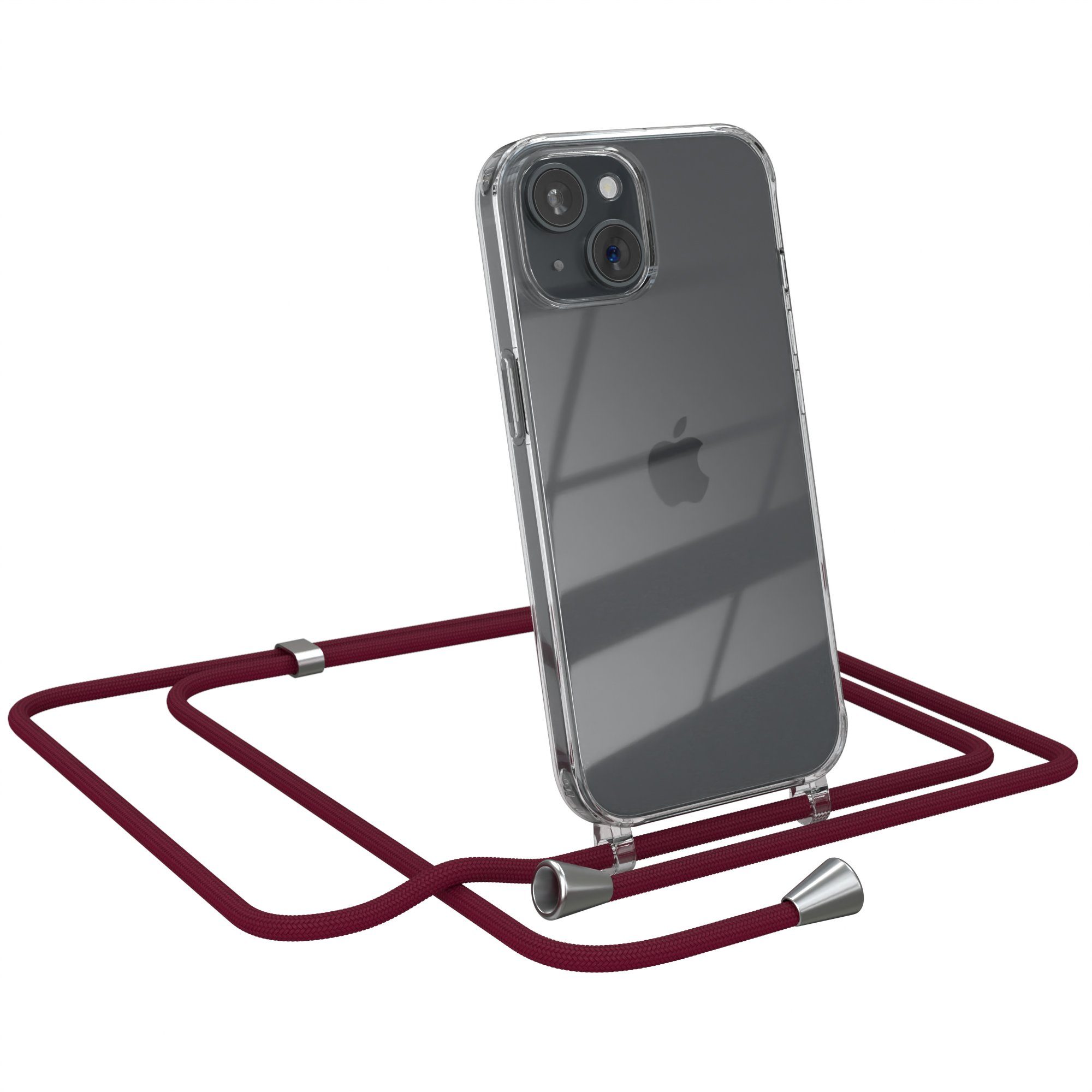 EAZY CASE Handykette Handykette ohne/mit Magsafe für Apple iPhone 15 6,1 Zoll, Silikonhülle durchsichtig mit Umhängeband Handytasche Bordeaux Rot