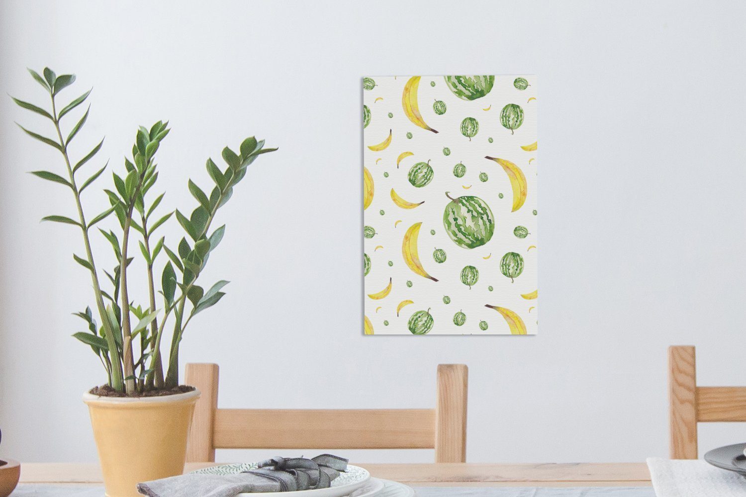 OneMillionCanvasses® Leinwandbild Bananen - Melonen (1 Gemälde, fertig bespannt 20x30 Zackenaufhänger, Leinwandbild cm - Schablonen, St), inkl