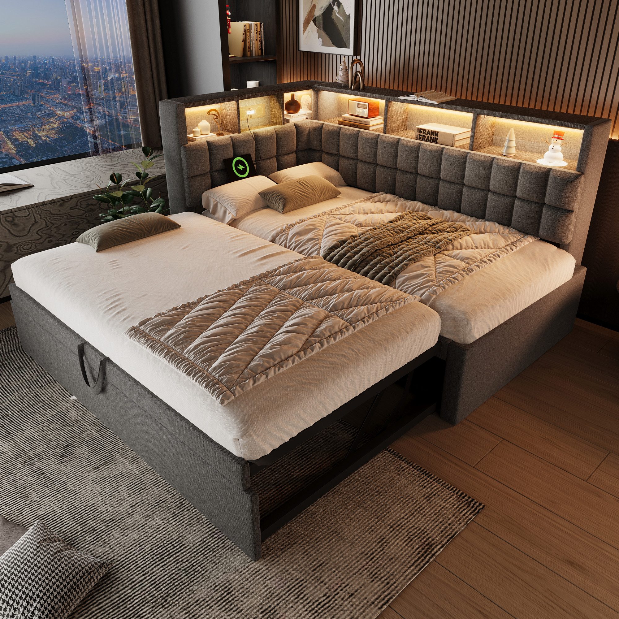 OKWISH Polsterbett Leinen-Ausziehbett 90/180x200 cm mit LED, Bluetooth und günstig online kaufen