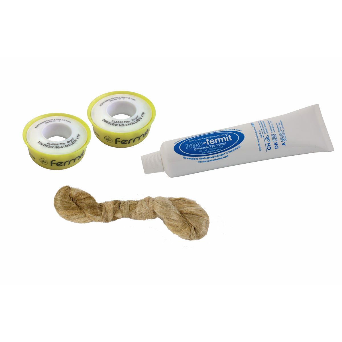 Fermit Schmierfett Set Neo 150 g Tube, 50 g Mazzoni-Flachs Zopf und 2 x Teflonband FRp