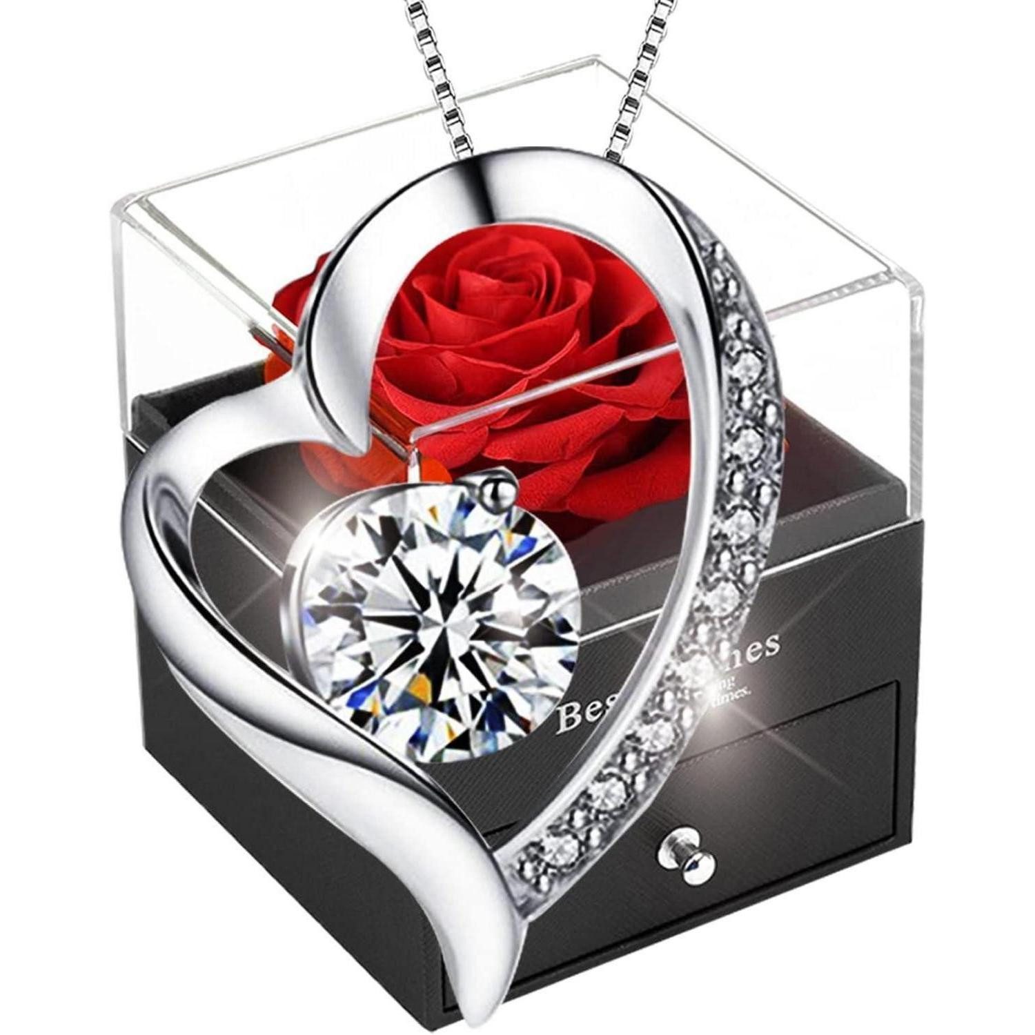 LuxusKollektion Geschenkbox Rote Eternal Rose Herz Damen Halskette 925 Silber Kette Ewige Rosen