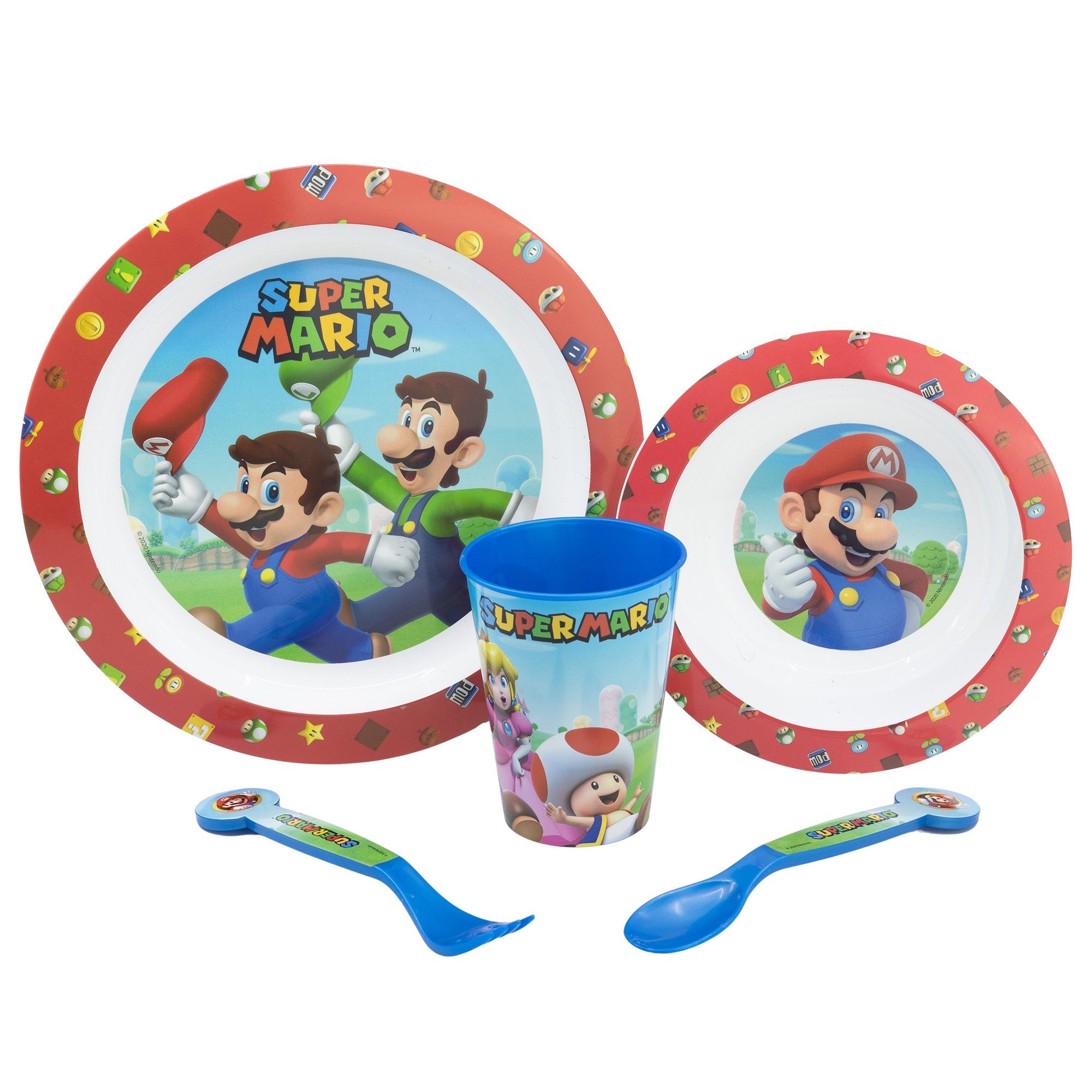 Super Mario Kindergeschirr-Set Super Mario und Luigi Kinder Geschirr-Set 5 tlg (5-tlg), 1 Personen, Kunststoff, Becher Teller Schüssel Besteck