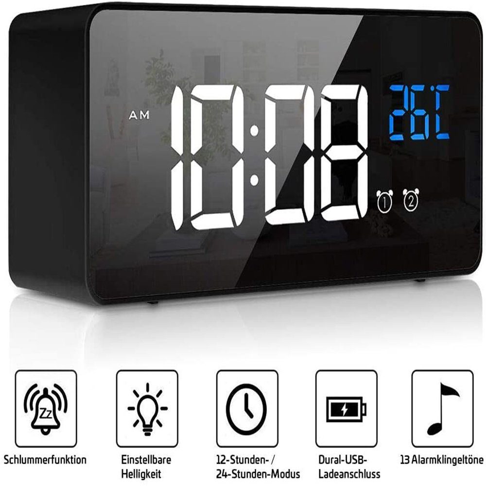 LED Digital Wecker Spiegel Tischuhr mit Snooze Datum Temperatur Dual Alarm Uhr 