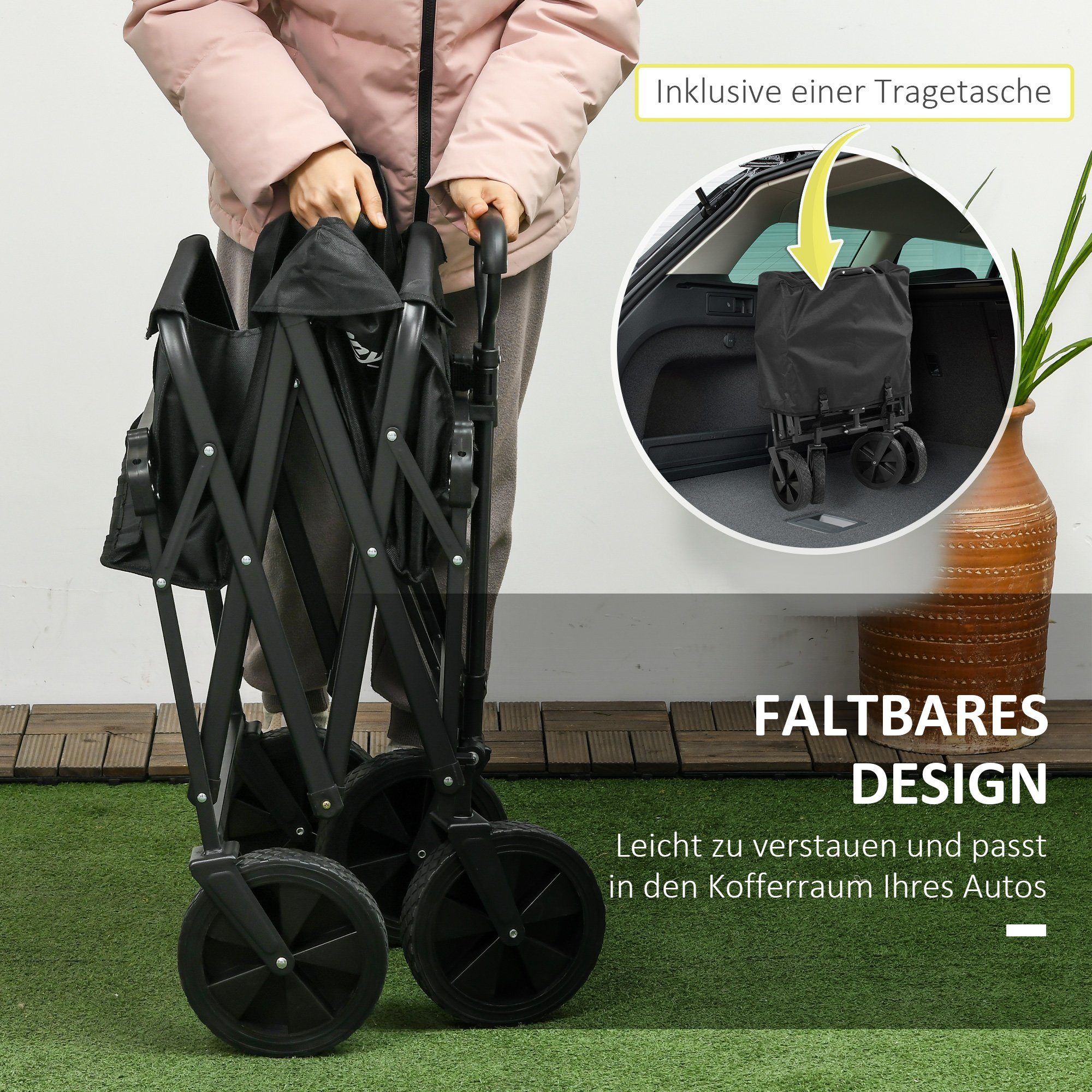 Outsunny Bicycle Cargo Trailer, Foldable Transport Cart with Sunshade, Handcart with Handle, Load Capacity up to 110 kg, Oxford, Black