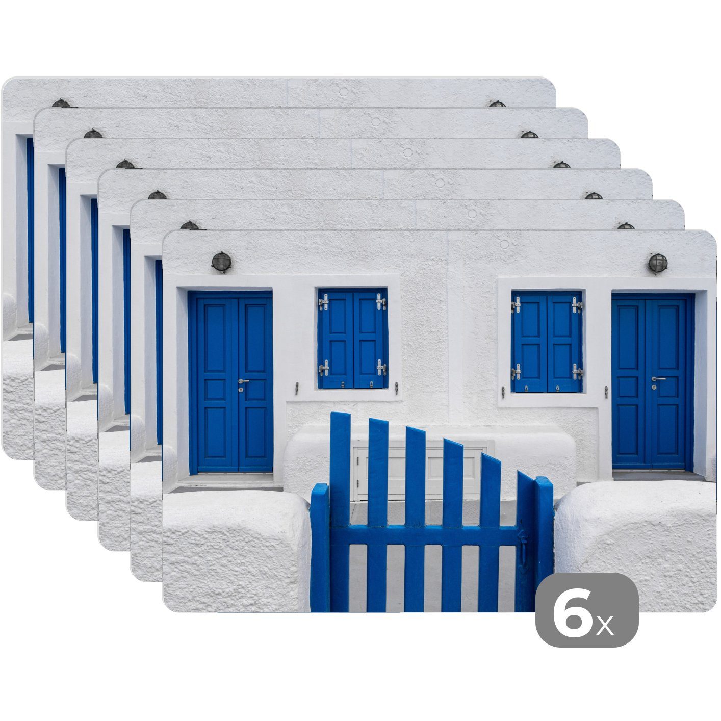 Platzset, Haus Tischmatten, - - Platzmatte, (6-St), - Platzdecken, Weiß, MuchoWow, Schmutzabweisend Blau Architektur Platzset