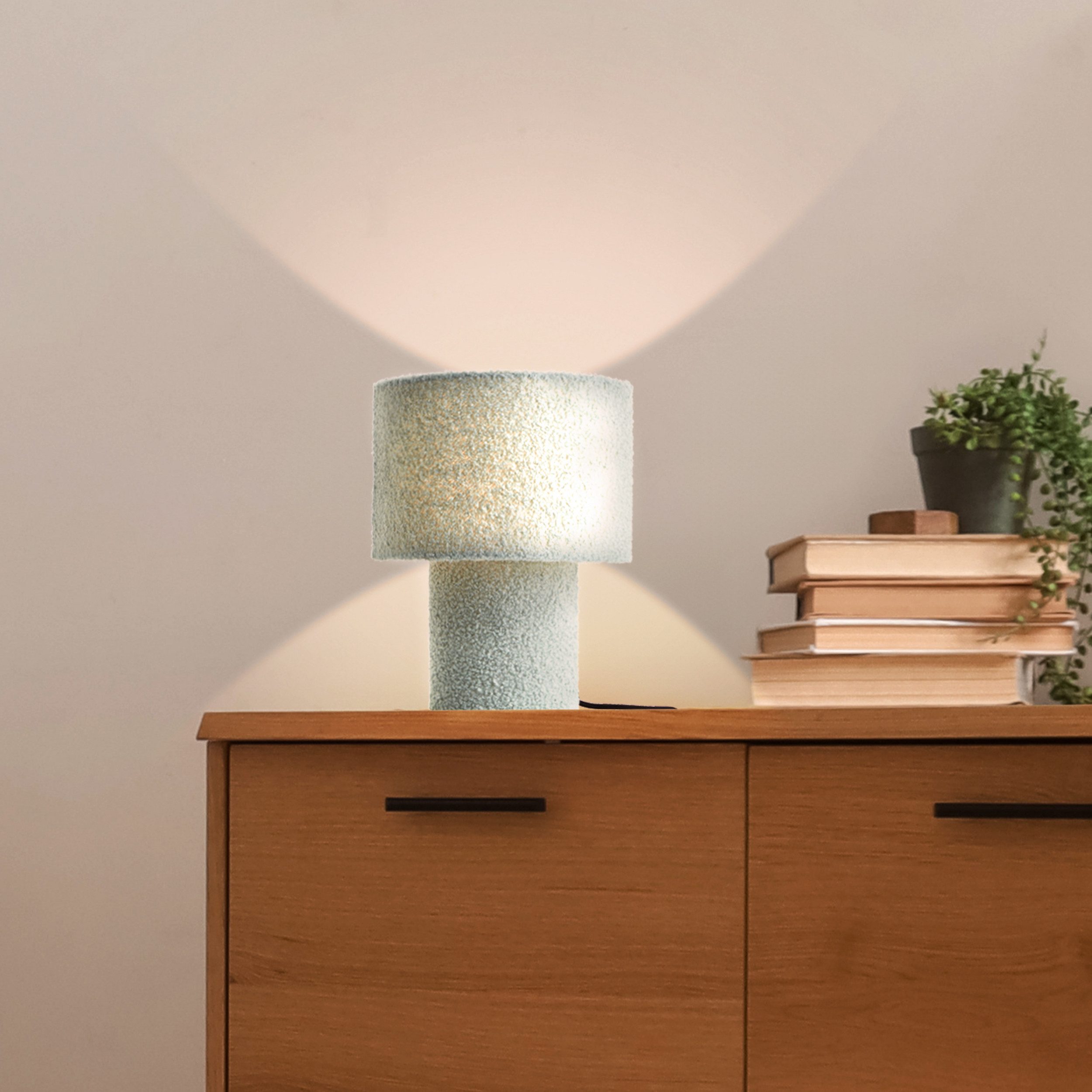 Lightbox Tischleuchte, ohne Leuchtmittel, Nachttischlampe, hochwertiger Teddy-Stoff, E27, 30 cm Höhe, grün