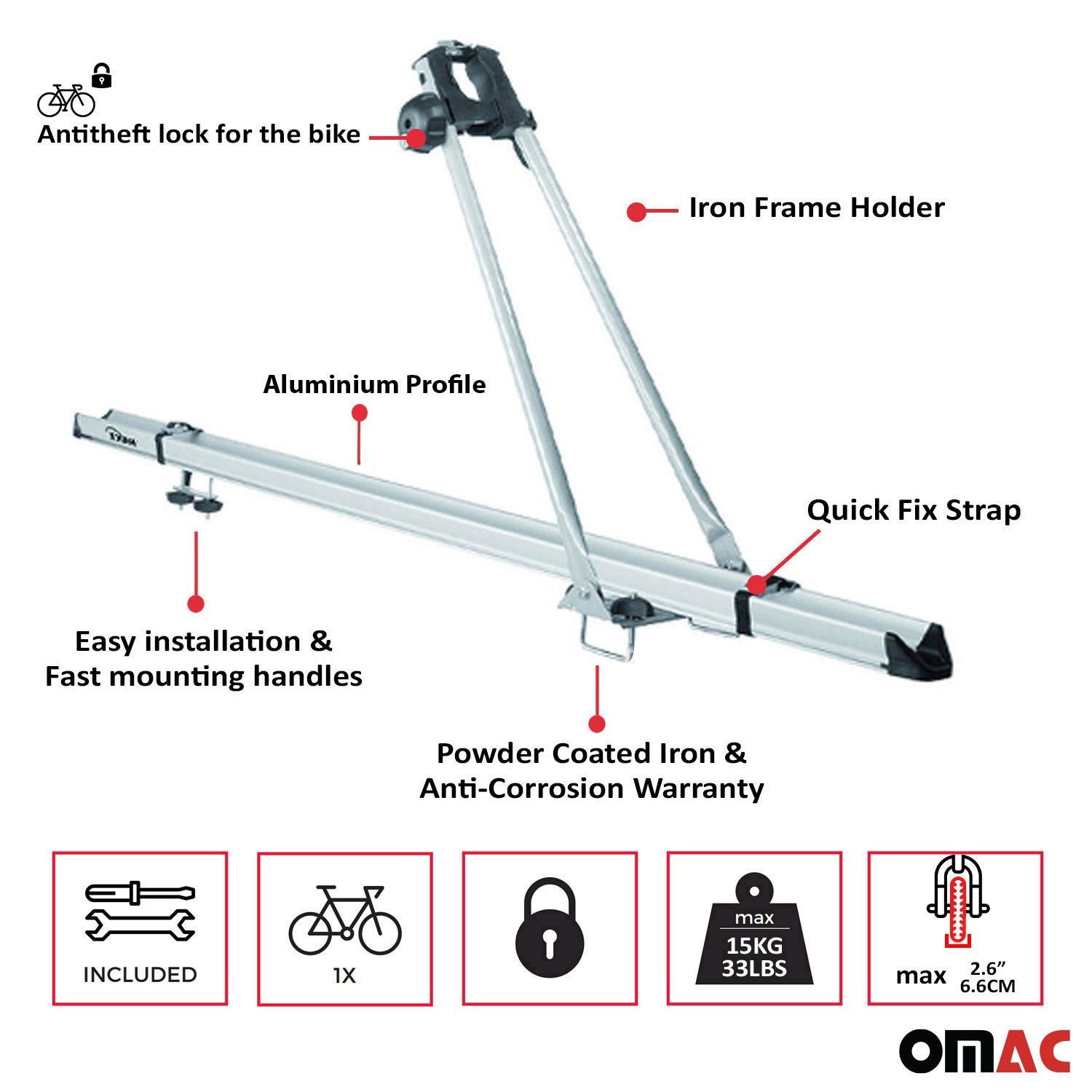 OMAC Dachfahrradträger Dachfahrradträger bis 15kg Fahrradhalter Aluminium Fahrräder, (1-tlg), Abnehmbar, Leichtgewichtig