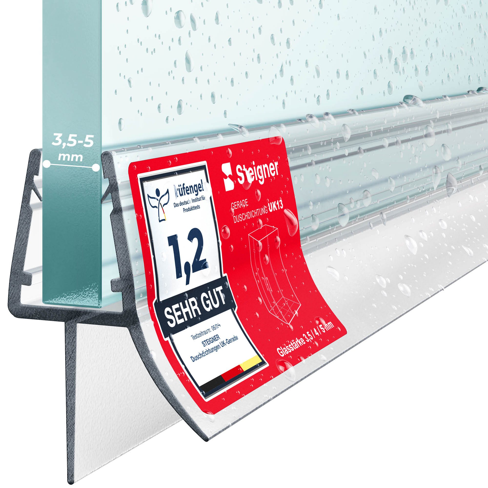 STEIGNER Duschdichtung 30cm Gerade PVC Ersatzdichtung für Dusche, L: 30 cm, (1 Stück Packung, Einzeldichtung), Glasstärke 3,5/4/ 5 mm Model: UK13