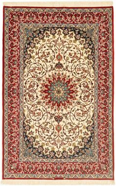 Teppich Isfahan Teppich handgeknüpft beige, morgenland, rechteckig, Höhe: 7 mm, handgeknüpft