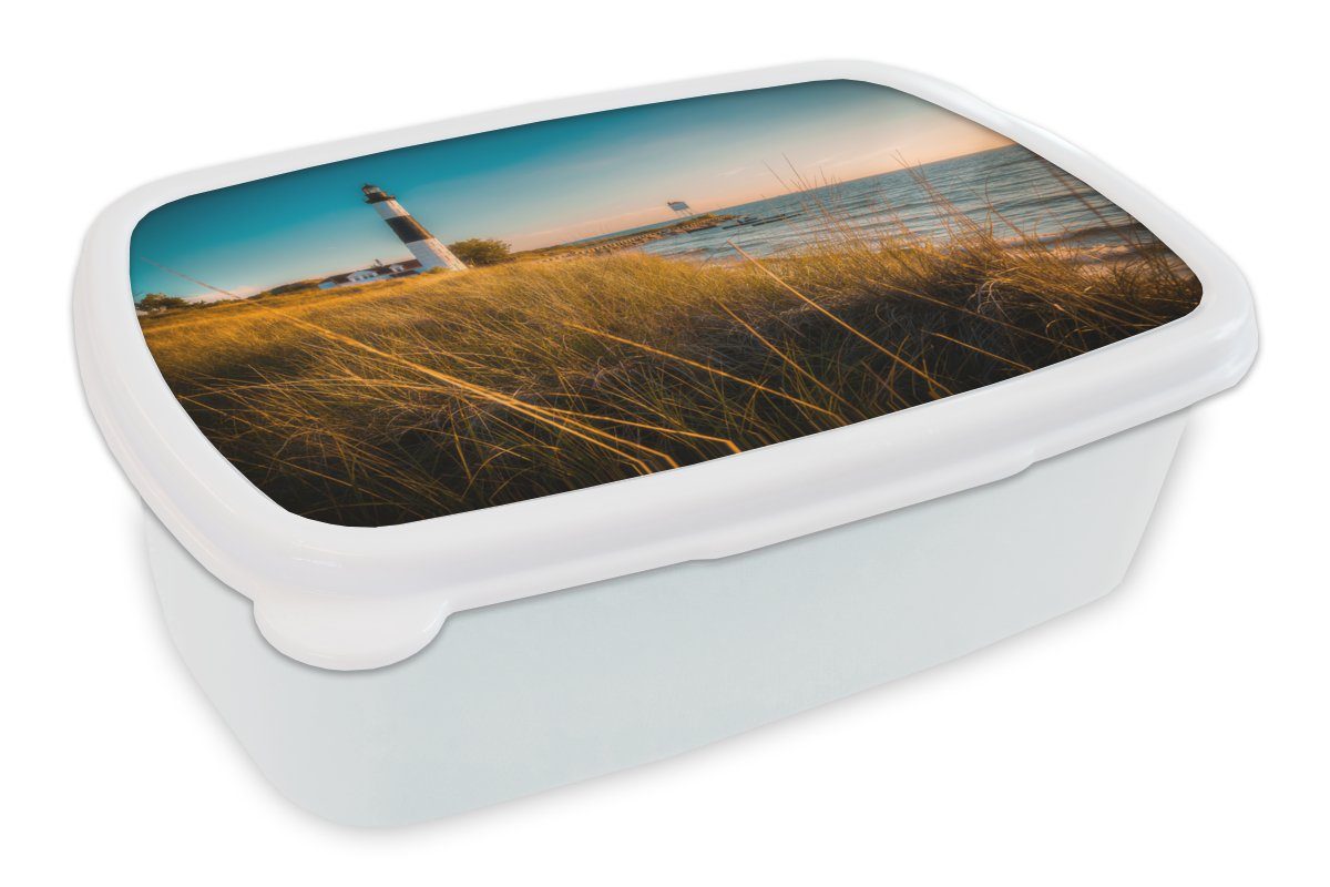 MuchoWow Lunchbox Leuchtturm - Meer - Amerika, Kunststoff, (2-tlg), Brotbox für Kinder und Erwachsene, Brotdose, für Jungs und Mädchen weiß