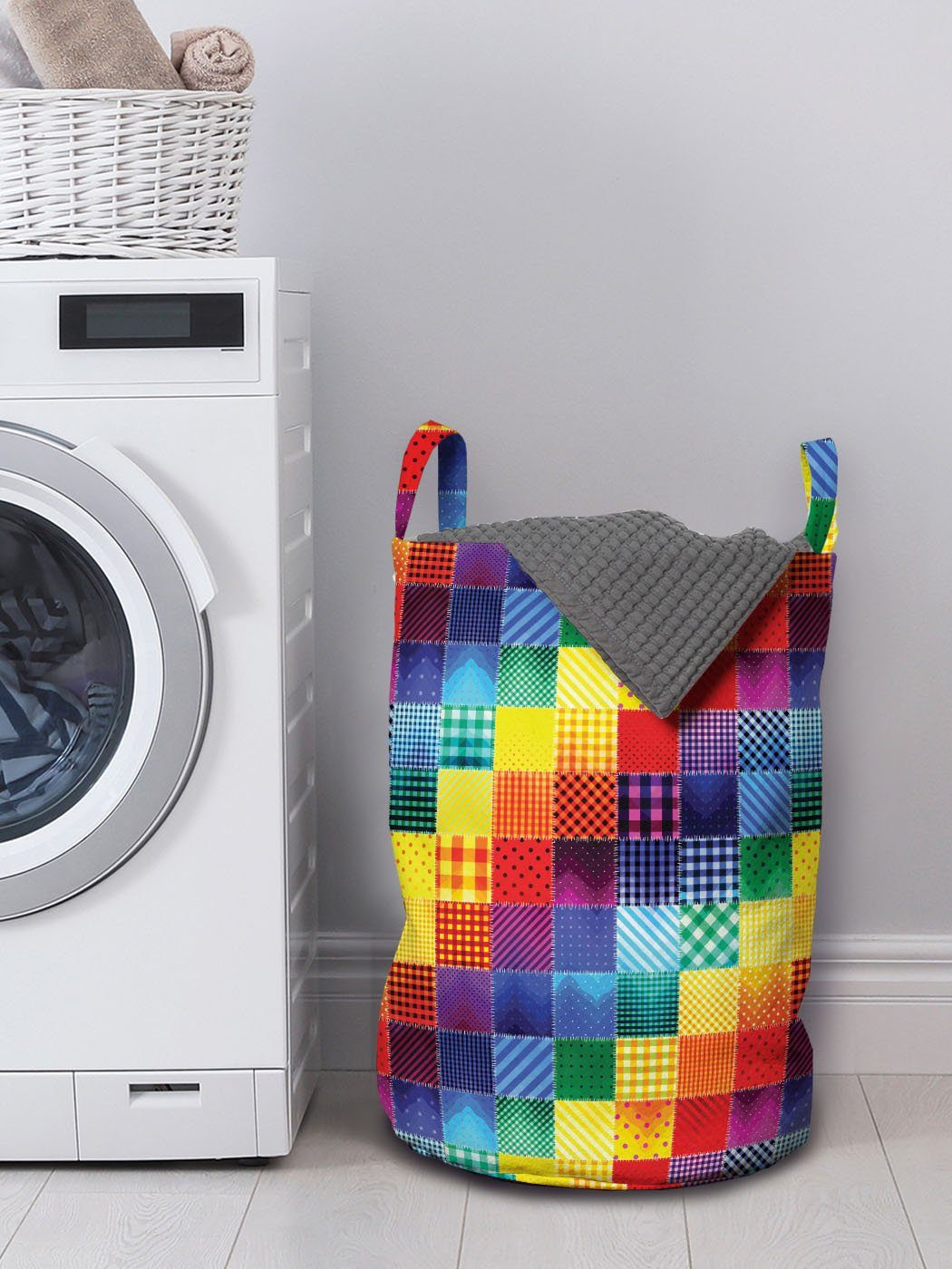 Waschsalons, Wäschekorb Patchwork mit Wäschesäckchen für Abakuhaus Griffen Kordelzugverschluss Patchwork Regenbogen-Retro