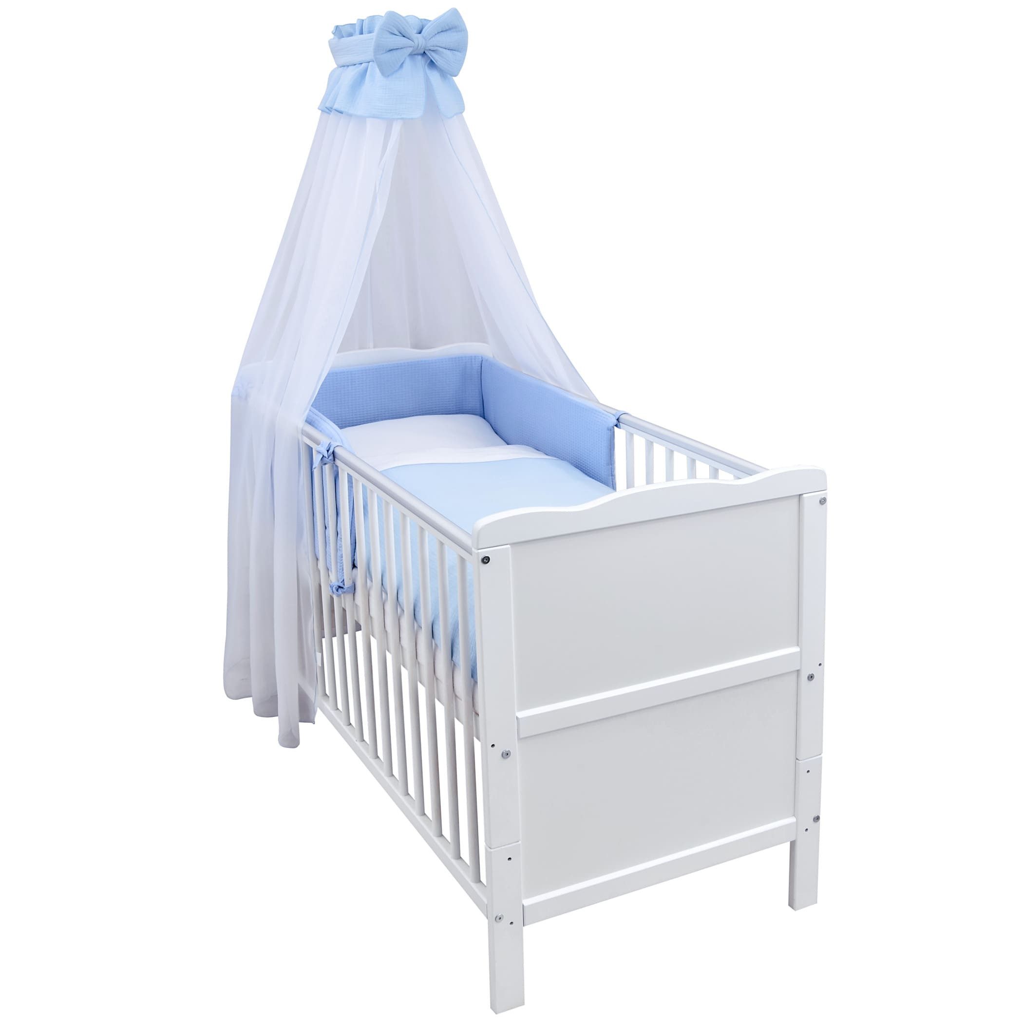 Baby-Delux Komplettbett Babybett Jack Komplettset Beißschienen Musselin, 10-tlg., Kinderbett 70x140 cm weiß, Bettset verschiedene Designs