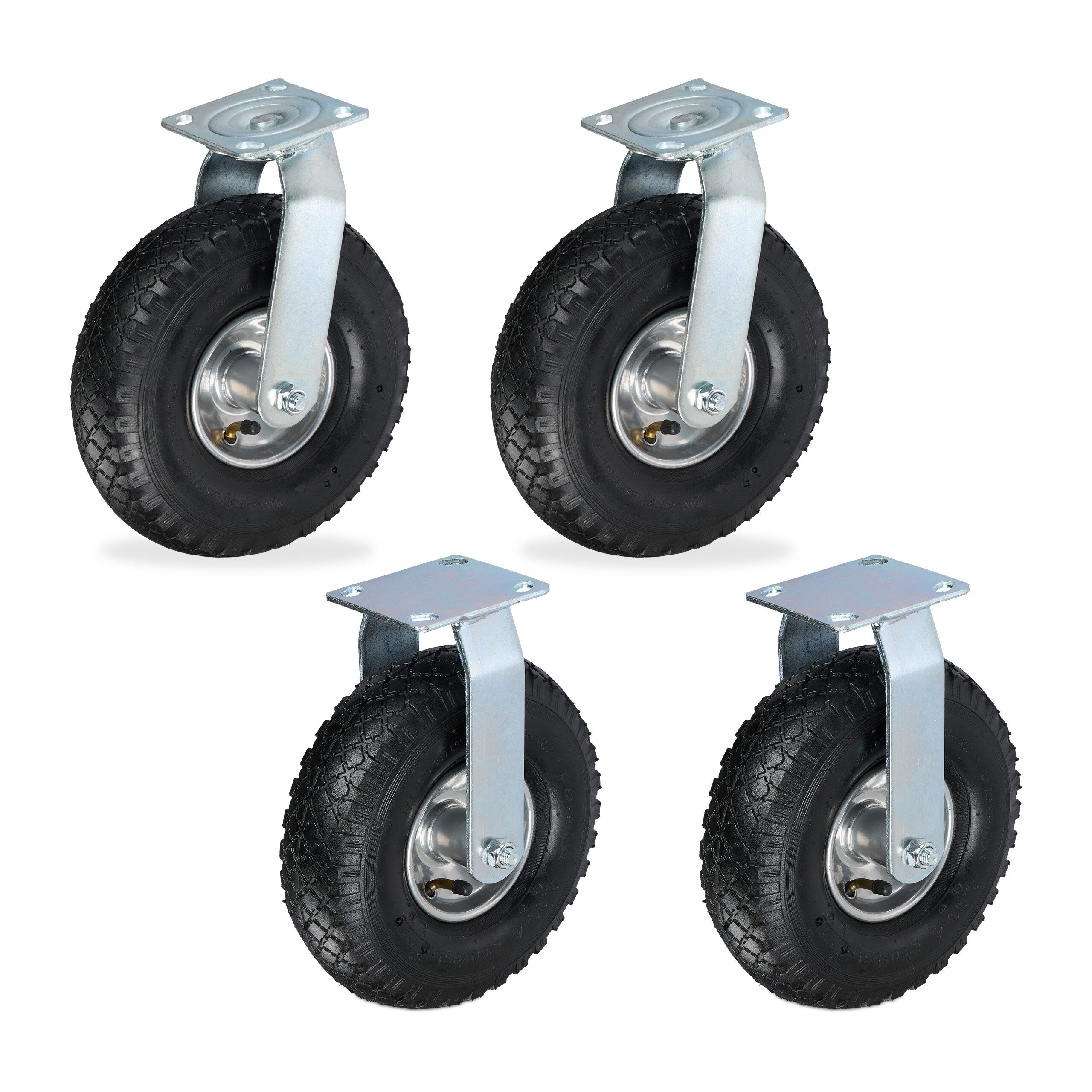 relaxdays Schwerlastrolle Bockrolle und Lenkrolle Set 3.00-4, (Set), Schwarz-Silber