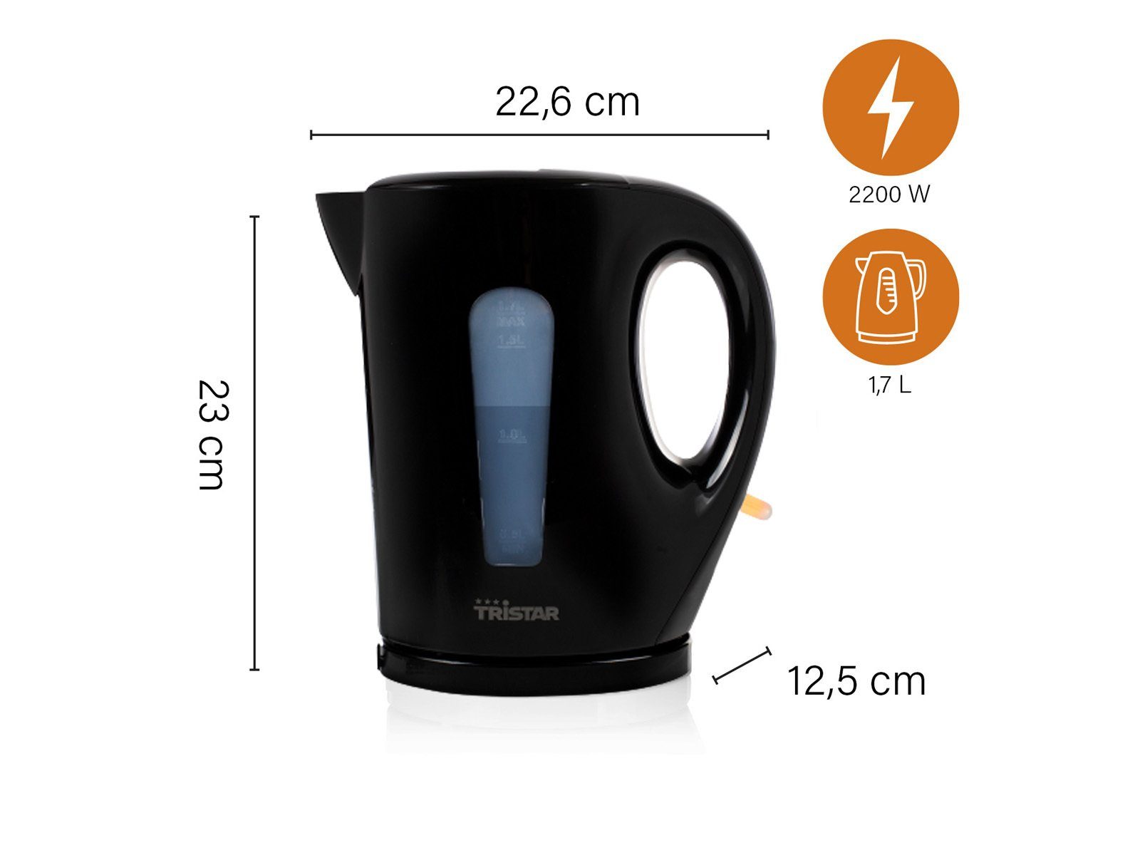 Tristar Wasserkocher, 1.7 l, 2200 W, Großer elektrischer Tee Heißwasserbereiter ohne Kabel schnell, leise
