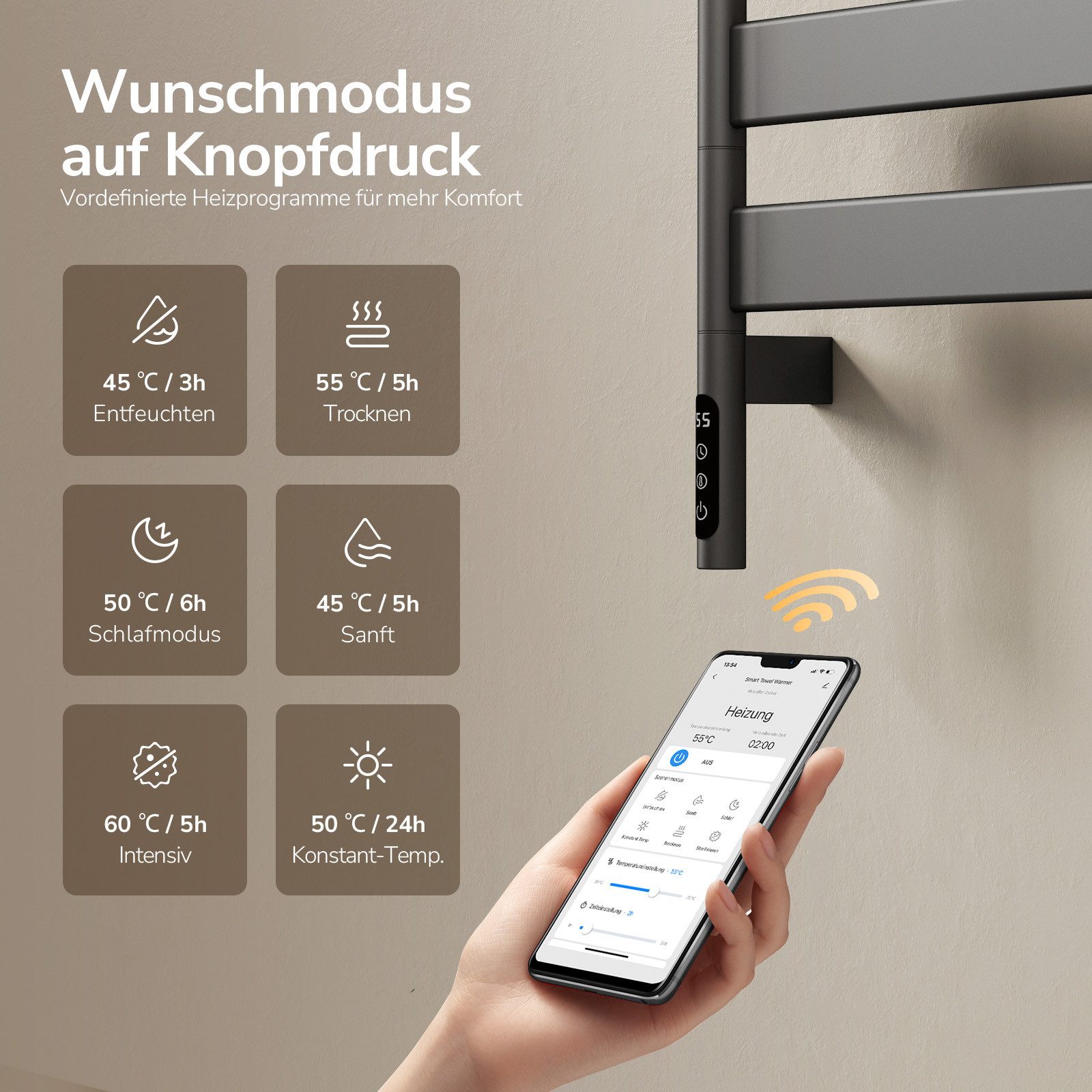 EMKE Elektrischer Badheizkörper Handtuchheizkörper, 180° drehbar, mit WLAN-, App- und Sprachsteuerung, Timer 1–24 h, 30–70 °C, IP45, FI-Schutzstecker, 76,9 × 45 – Bild 4 von 5