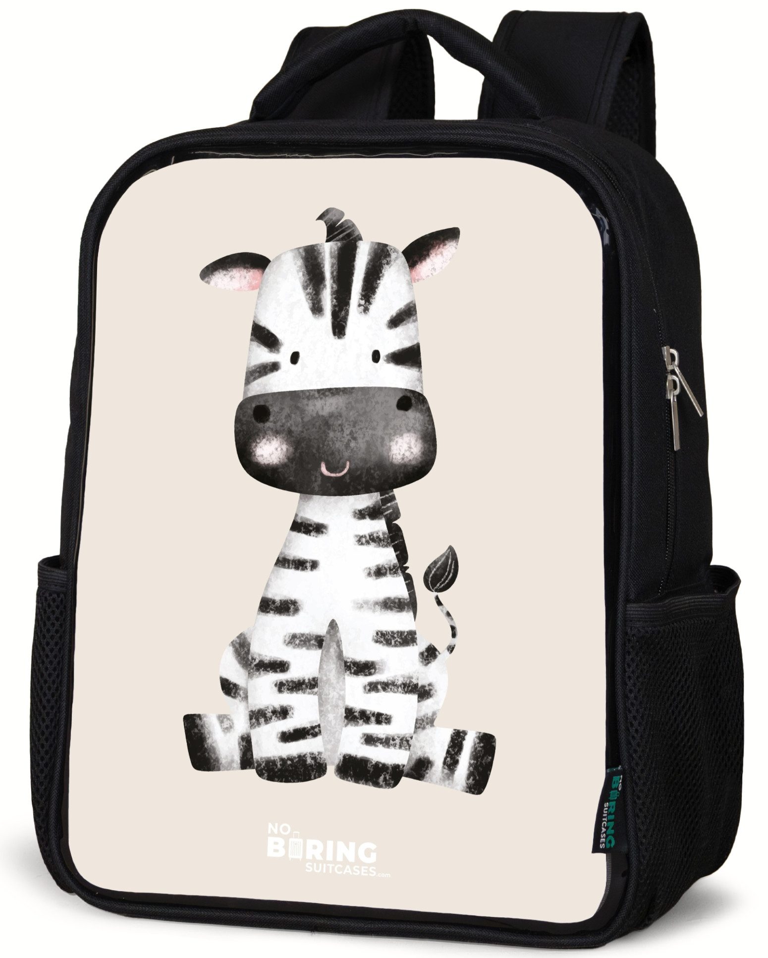 NoBoringSuitcases.com© Rucksack Zebra Portraitzeichnung mit beigem Hintergrund, Kinderrucksack Schwarz, Schulrucksack, Freizeitrucksack Jungen Mädchen