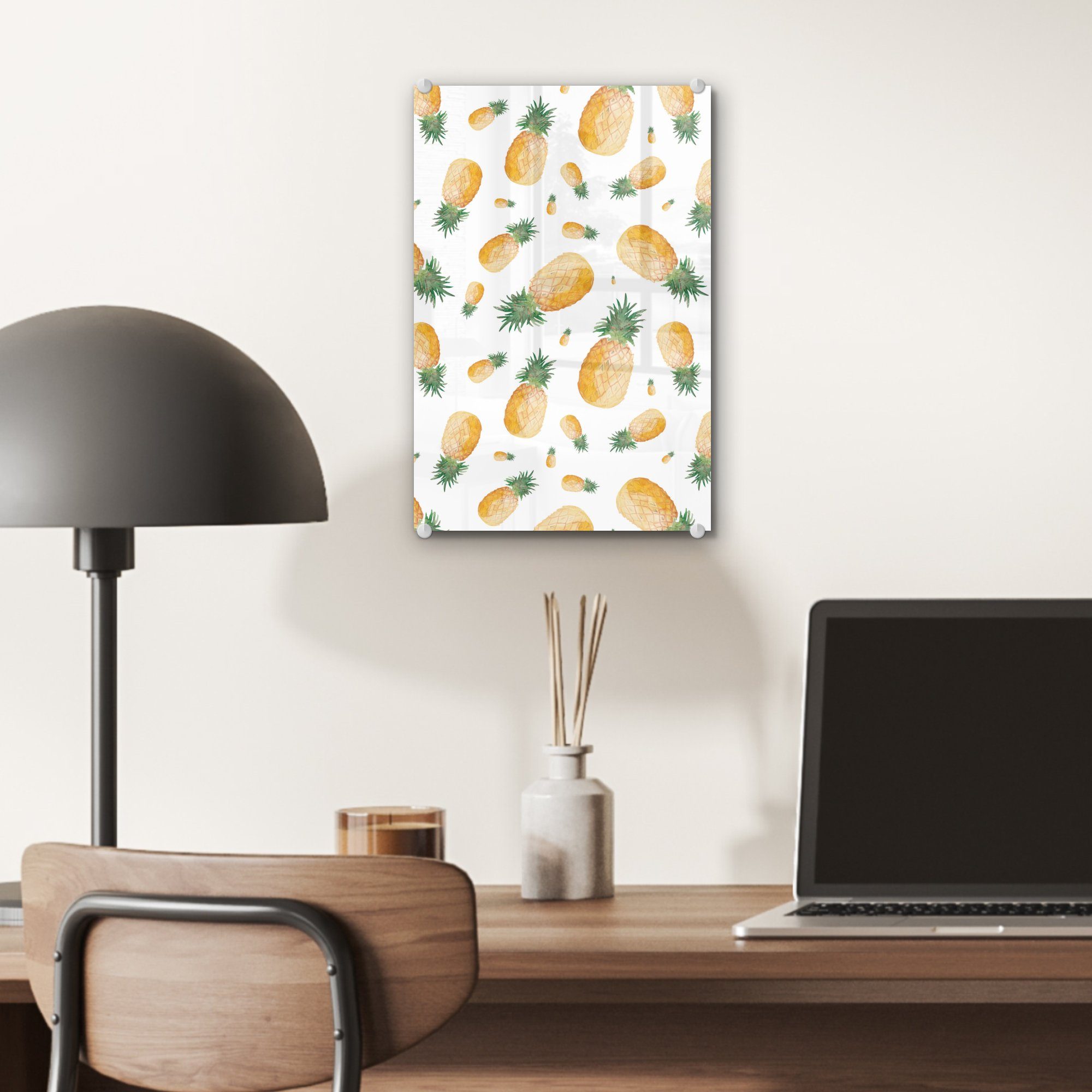 auf Wandbild MuchoWow - - Ananas Wanddekoration Bilder Aquarellfarbe Glasbilder Foto Glas - Acrylglasbild - auf Muster, (1 - Glas St),