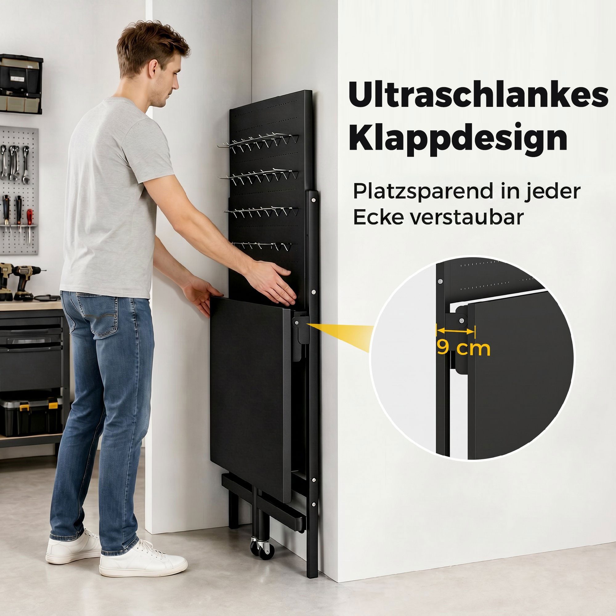 HOMCOM Werkbank Mobile Werkbank, Dicke Arbeitsplatte, Stahlrahmen, Werktisch, Schwarz, (Set, 1-tlg), Klappbar mit Lochwand und Rollen – Bild 4 von 5