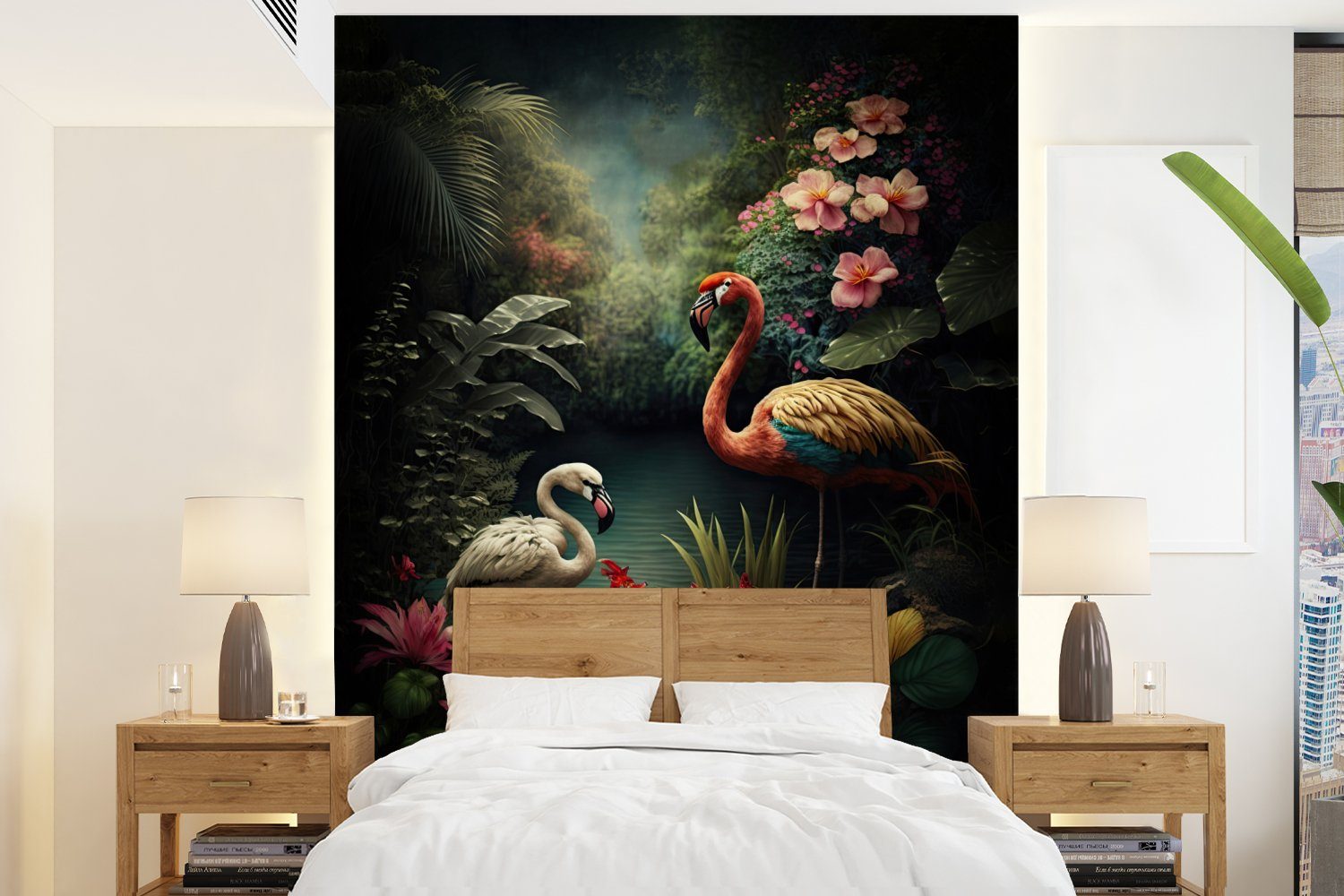 MuchoWow Fototapete Flamingo - Blumen - Dschungel - Vögel - Natur, Matt, bedruckt, (4 St), Montagefertig Vinyl Tapete für Wohnzimmer, Wandtapete