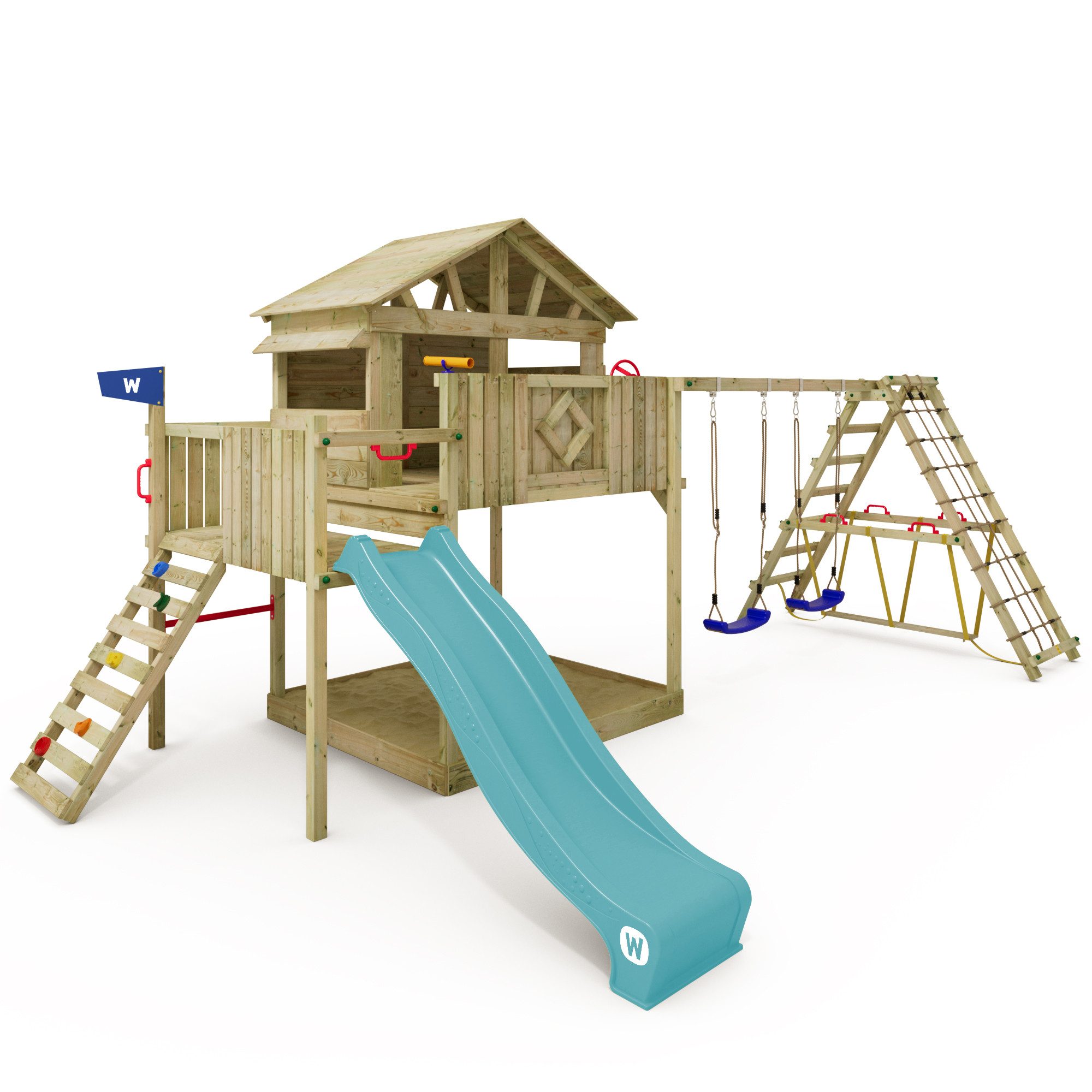 Wickey Klettergerüst Smart Fjord – Spielturm mit Spielhaus, Kletteranbau & Rutsche, (Holz-Spielhaus mit Fenster für fantasievolles Spielen, Outdoor-Spielplatz mit Rutsche & Kletteranbau), Wetterfestes & langlebiges Holz – mit 10 Jahren Garantie*