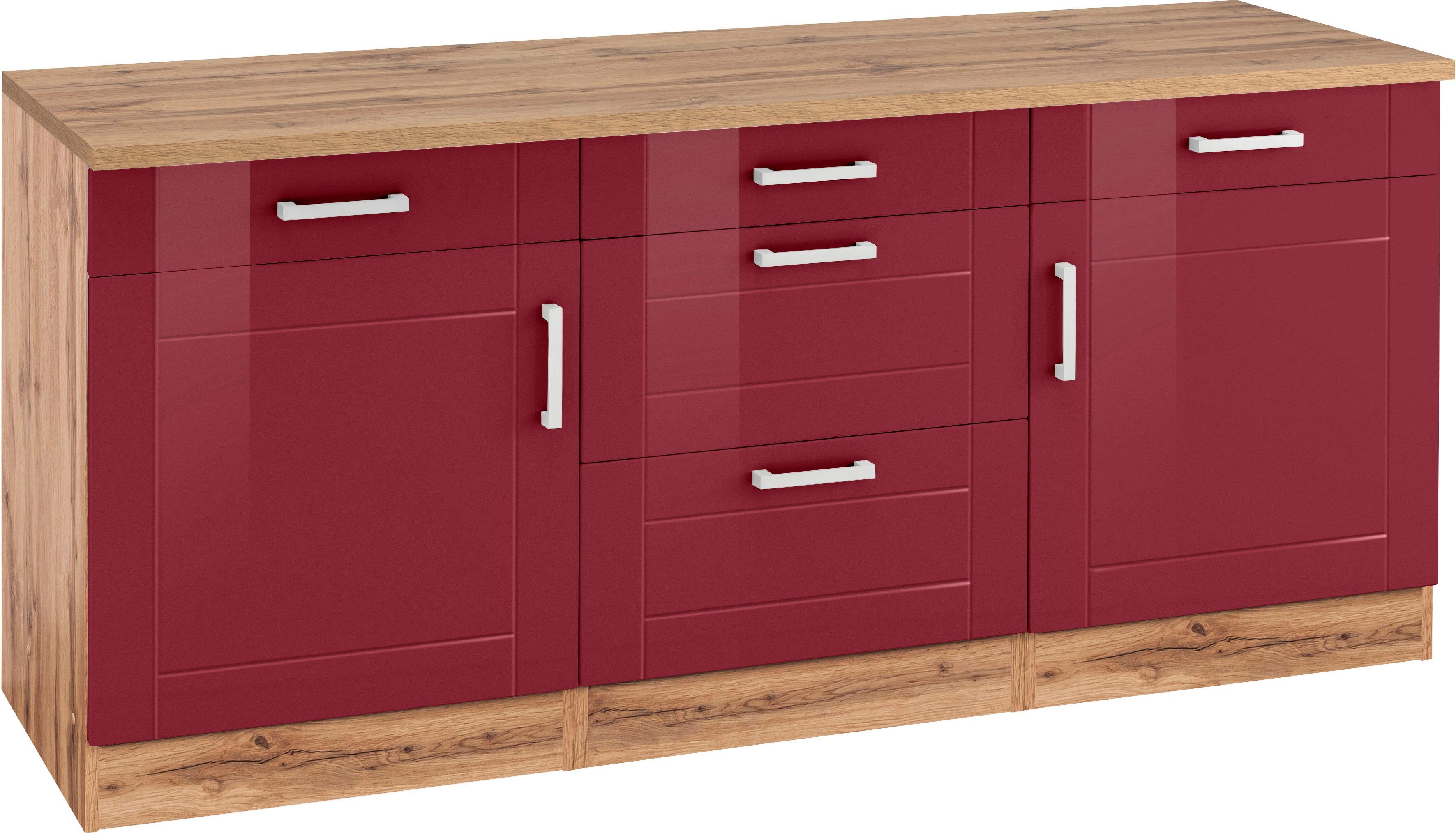 HELD MÖBEL Unterschrank 3 breit, wotaneiche Schubkästen, 180 cm | MDF Metallgriffe, rot 2 Fronten, Auszüge Tinnum