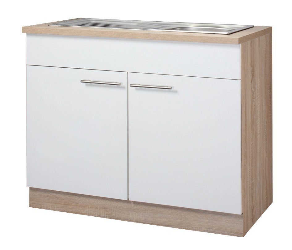 wiho Küchen Spülenschrank Montana 100 cm breit Weiß/Eichefarben | Spülenschränke