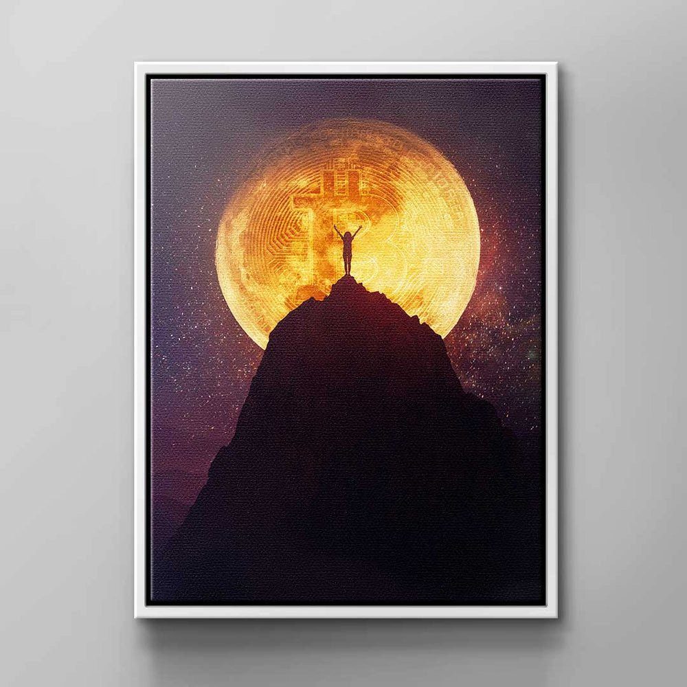 berg Leinwandbild Wandbild gold Moo Moon, DOTCOMCANVAS® schwarz rosa Bitcoin-Erfolg Bitcoin weißer mann Mond Rahmen Bitcoin