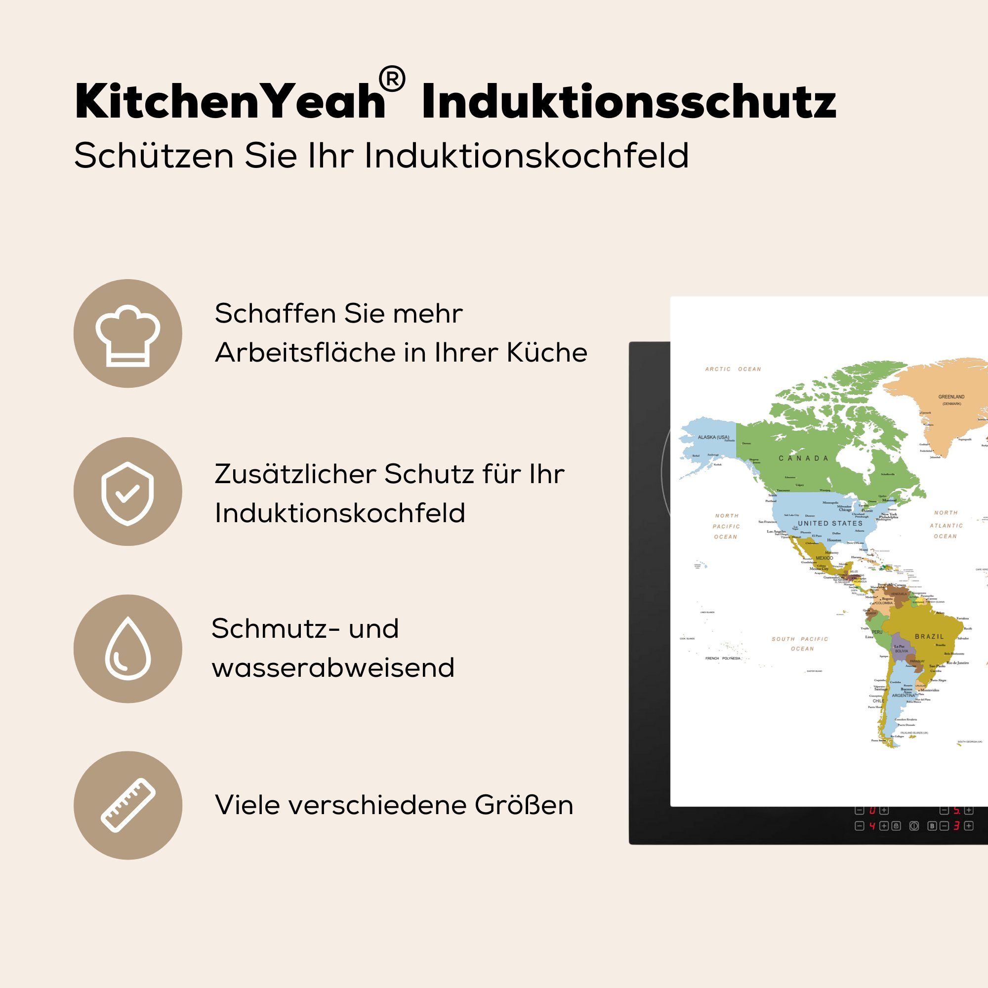 küche, Induktionskochfeld 81x52 für Ceranfeldabdeckung die Herdblende-/Abdeckplatte Vinyl, - Farben, cm, (1 Schutz - MuchoWow Erde Weltkarte tlg),