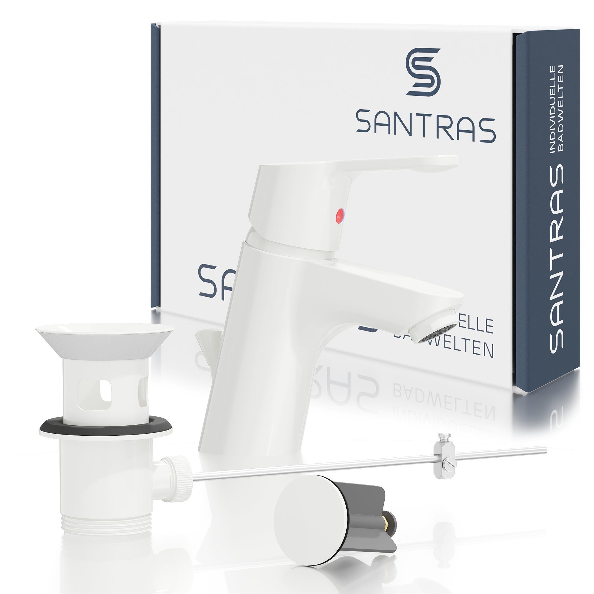 Santras Waschtischarmatur mit Zugstange und Ablaufgarnitur in Weiß (RAL 9003)