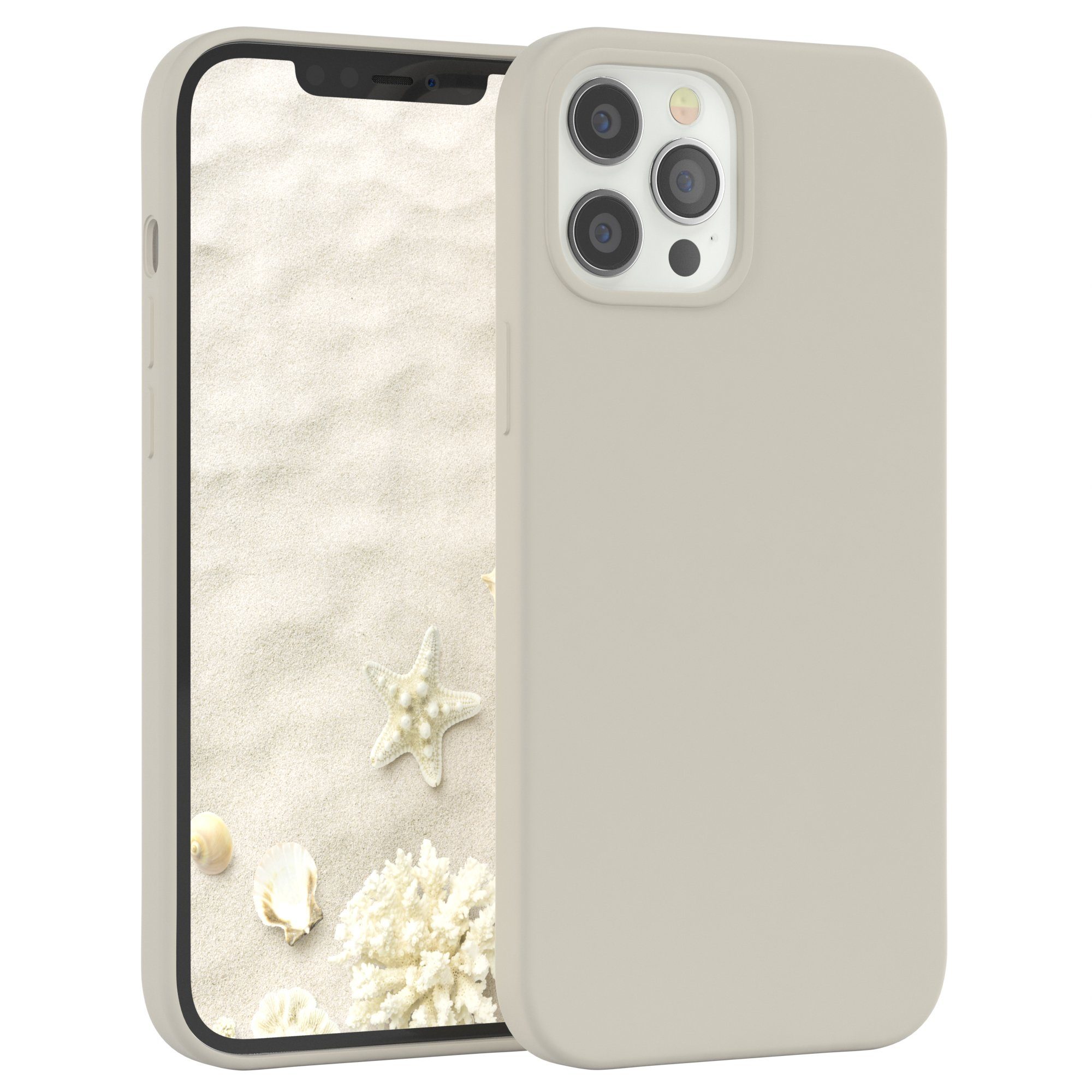 EAZY CASE Handyhülle Premium Silikon Case für Apple iPhone 12 Pro Max 6,7 Zoll, Hülle Silikon mit Displayschutz Handy Softcase Slimcover Taupe / Beige