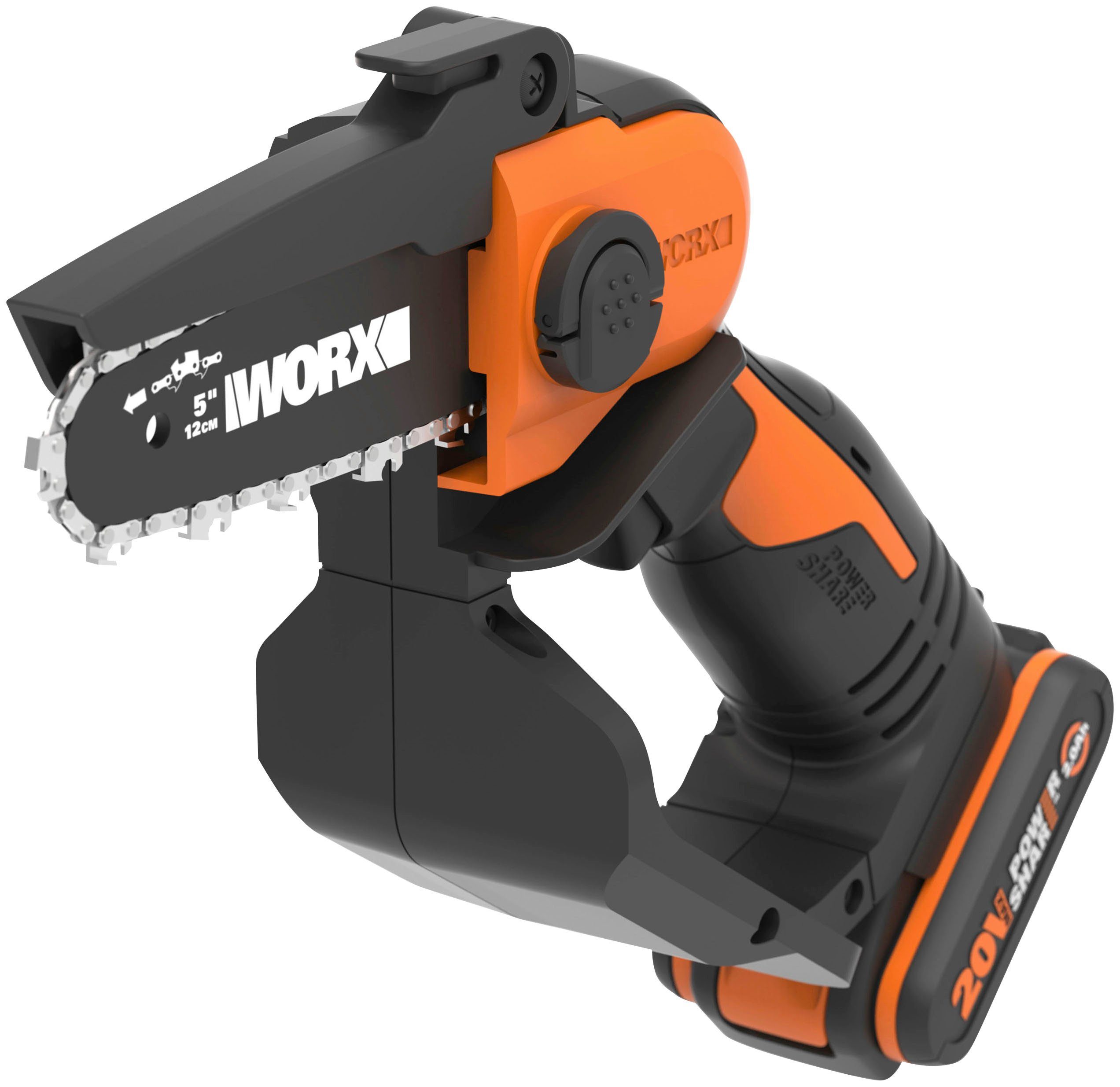 Worx Akku-Kettensäge 20V Akku Einhand Ketten- u. Astsäge, 12cm, 12,00 cm Schwertlänge, Set, inklusive 20V/2Ah Akku und Ladegerät