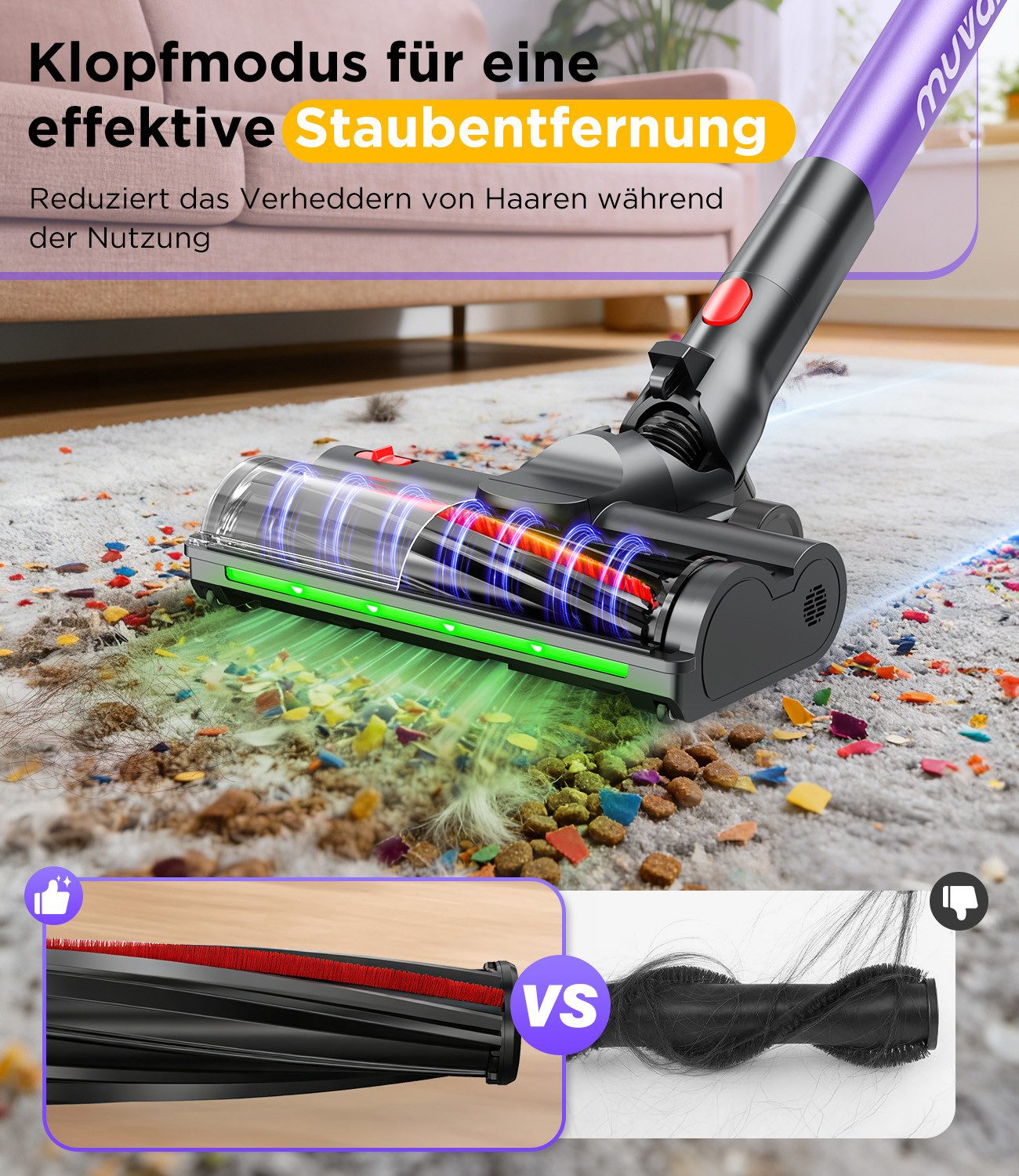 muvano Akku-Hand-und Stielstaubsauger 60Min, 45000Pa Akku Staubsauger Kabellos, Anti-Tangle-Bürste, mit Beutel, Selbststehend, Wandladestation,für Tierhaare/Teppiche/Hartböden/Auto