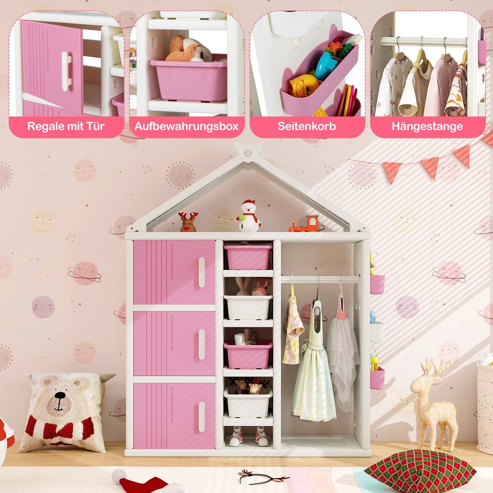 COSTWAY Kinderregal, Spielzeugregal in Hausform mit Boxen und Schubladen