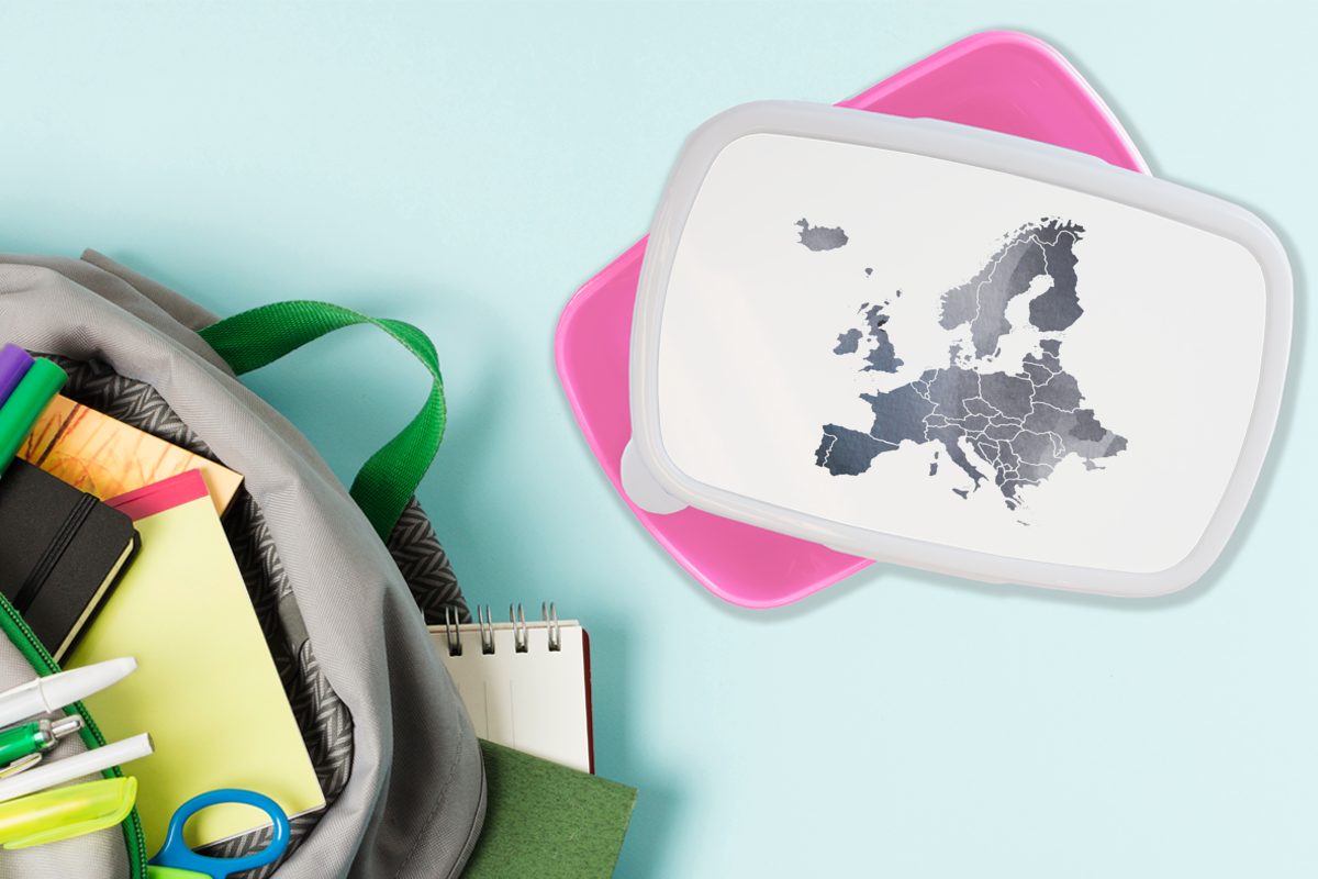 Kunststoff, Aquarell, Lunchbox - - MuchoWow für Erwachsene, Mädchen, Europa Snackbox, (2-tlg), Kinder, Kunststoff Brotdose Brotbox rosa Karte