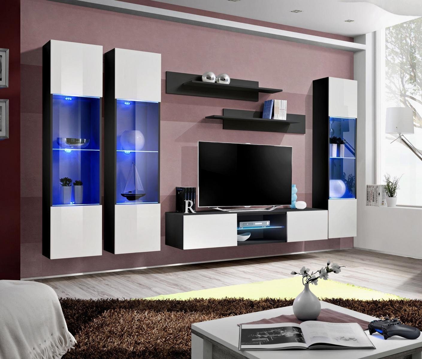 JVmoebel Wohnzimmer-Set Wohnwand Komplett Set Hänge Vitrine Einrichtung Luxus TV Ständer, (7-St., 1x Wohnwand + 1x TV Ständer + 3x Hänge Vitrine + 2x Wandregal), Made in Europa