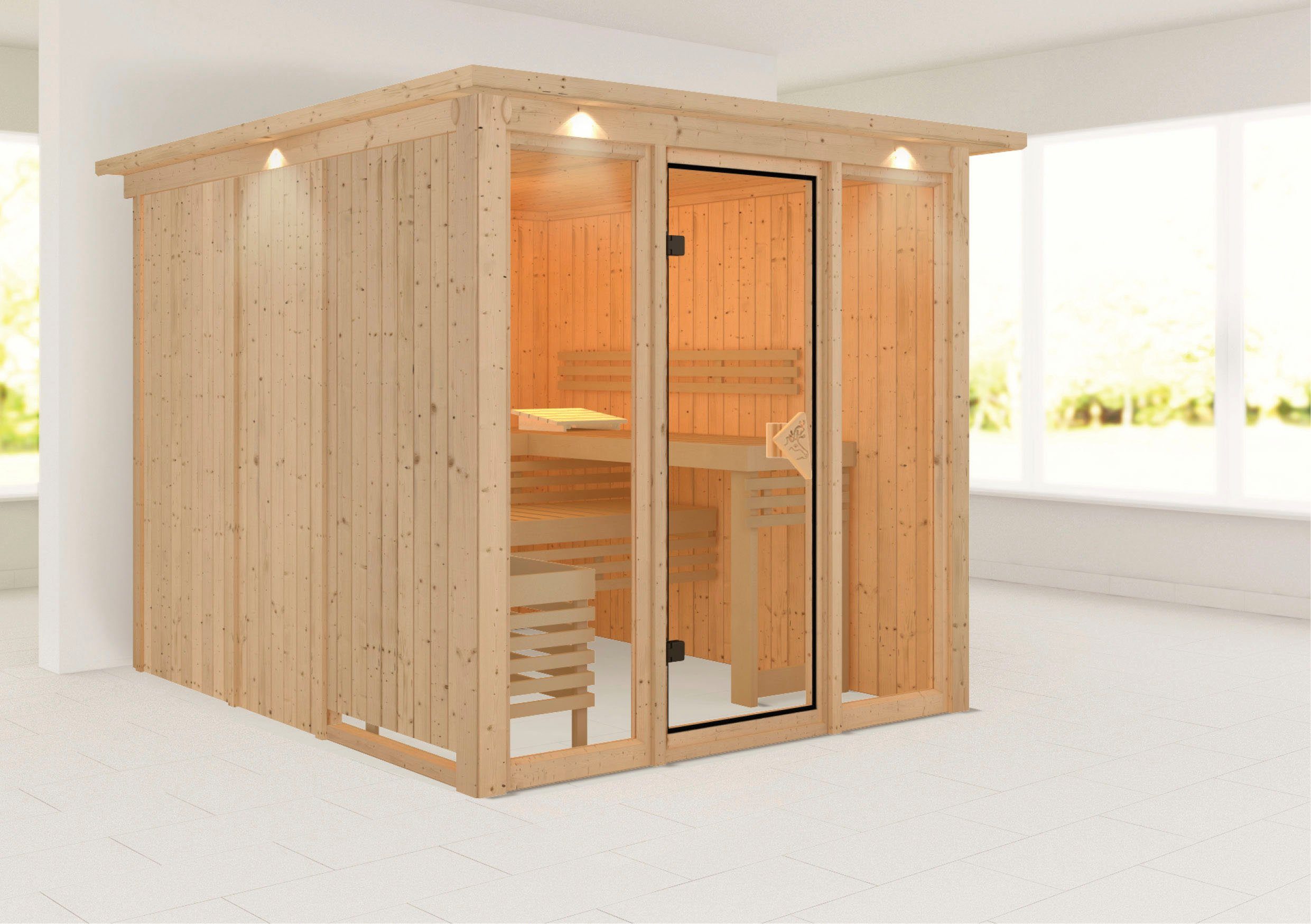 welltime Sauna Artja, BxTxH: 240,5 x 248 x 202 cm, 68 mm, naturbelassen, ohne Ofen