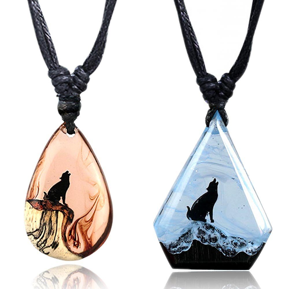 Kette Kette Transparent Wolf Surferkette viva-adorno mit Anhänger Holz Orange Länge Halskette Surfer verstellbar Anhänger Epoxy Wolfskette,