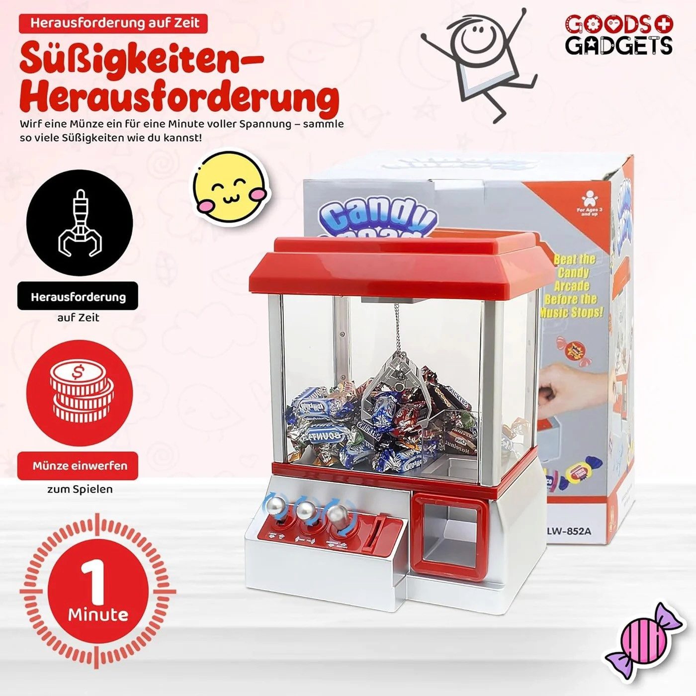 Goods+Gadgets Spieltisch Spieltisch Candy Grabber – Süßigkeitenautomat mit Greifarm & Joystick, (Spielautomat), Süßigkeiten Greifautomat