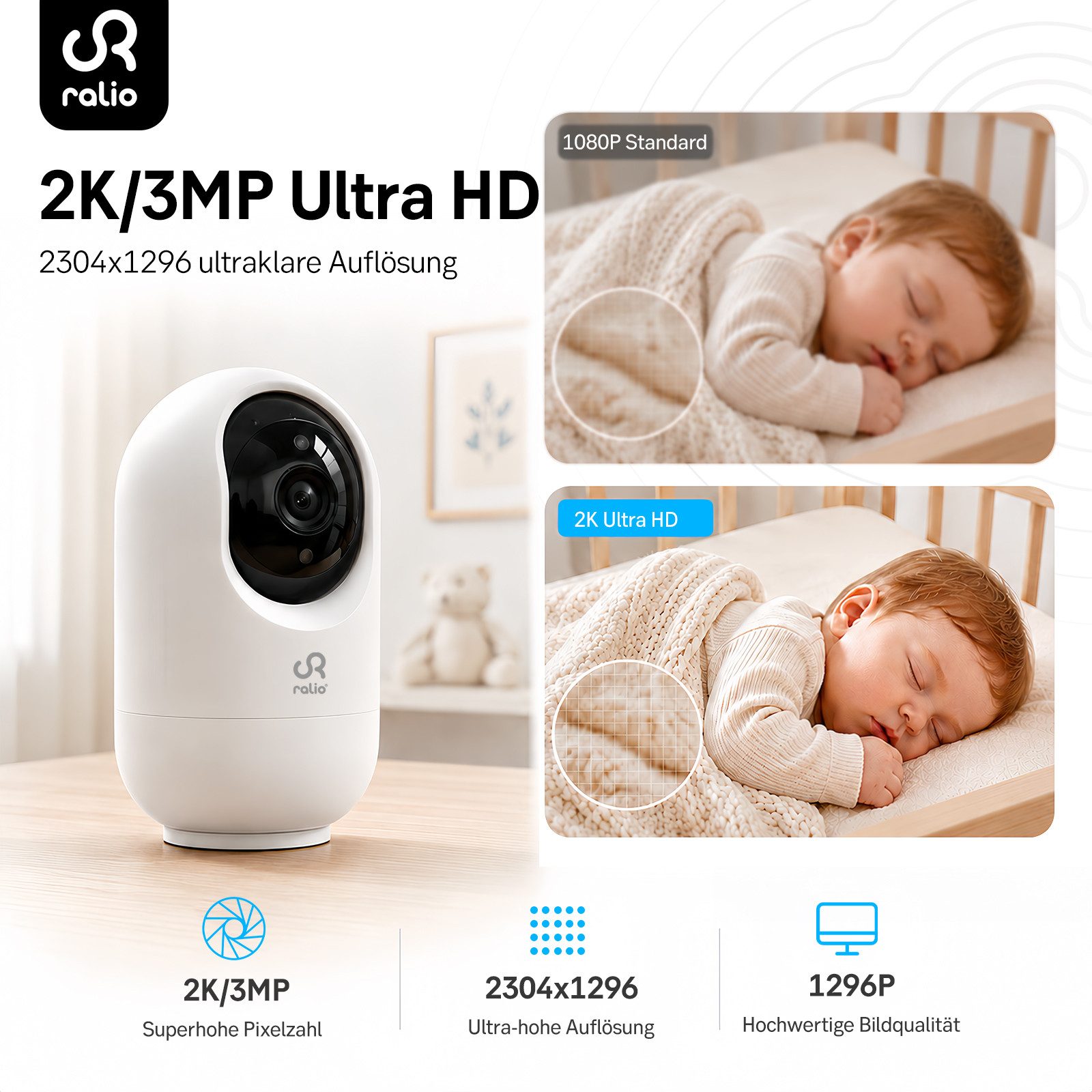 Ralio Babyphone Kamera WLAN 2K 3MP, Video Babyphone mit App Steuerung, Nachtsicht, Bewegungserkennung, Zwei-Wege-Audio mit Sprachfunktion, 1-tlg., Sichere Cloud – Bild 5 von 5