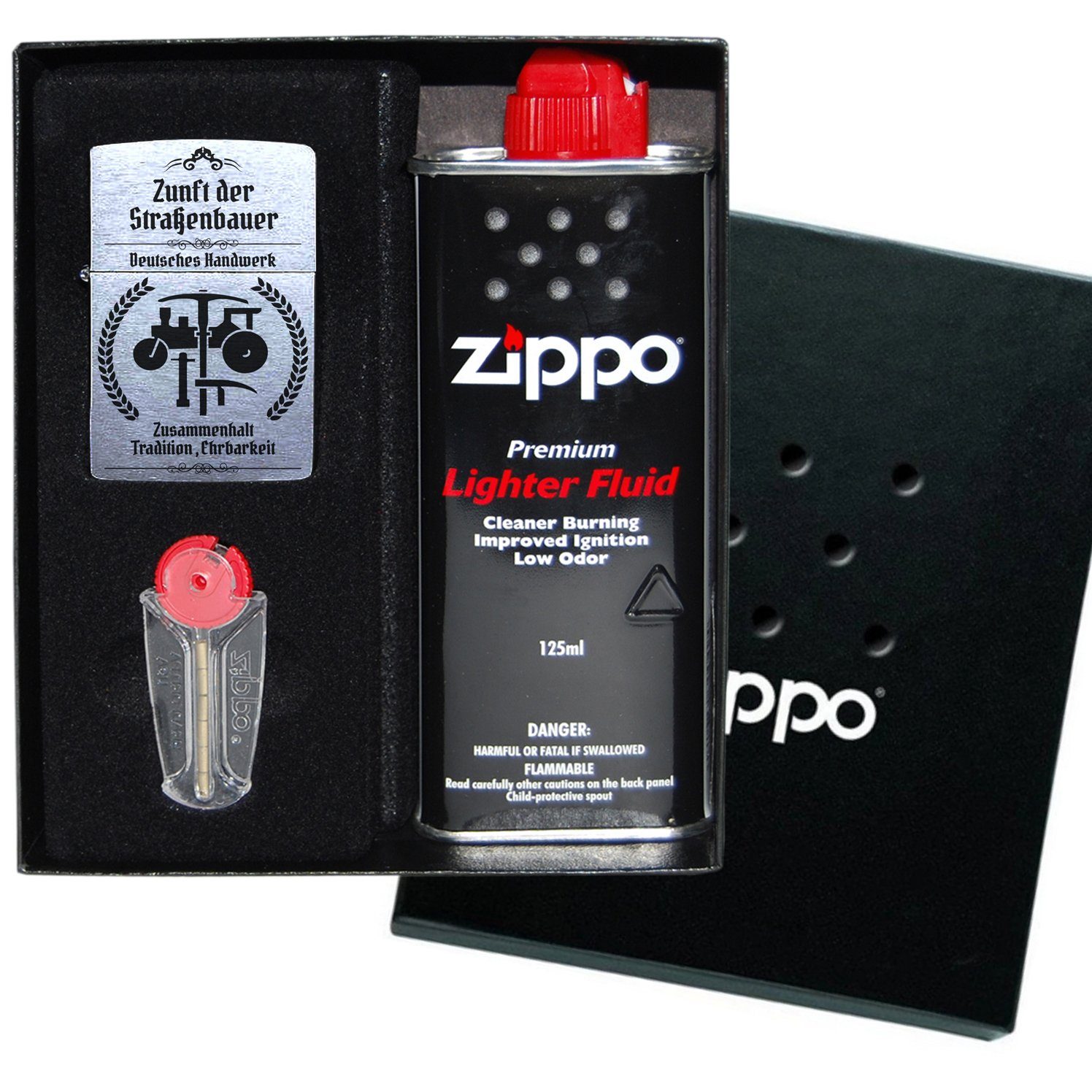 Feuerzeuge Zippo Feuerzeug mit Gravur Straßenbauer Zunftzeichen Chrome Brushed